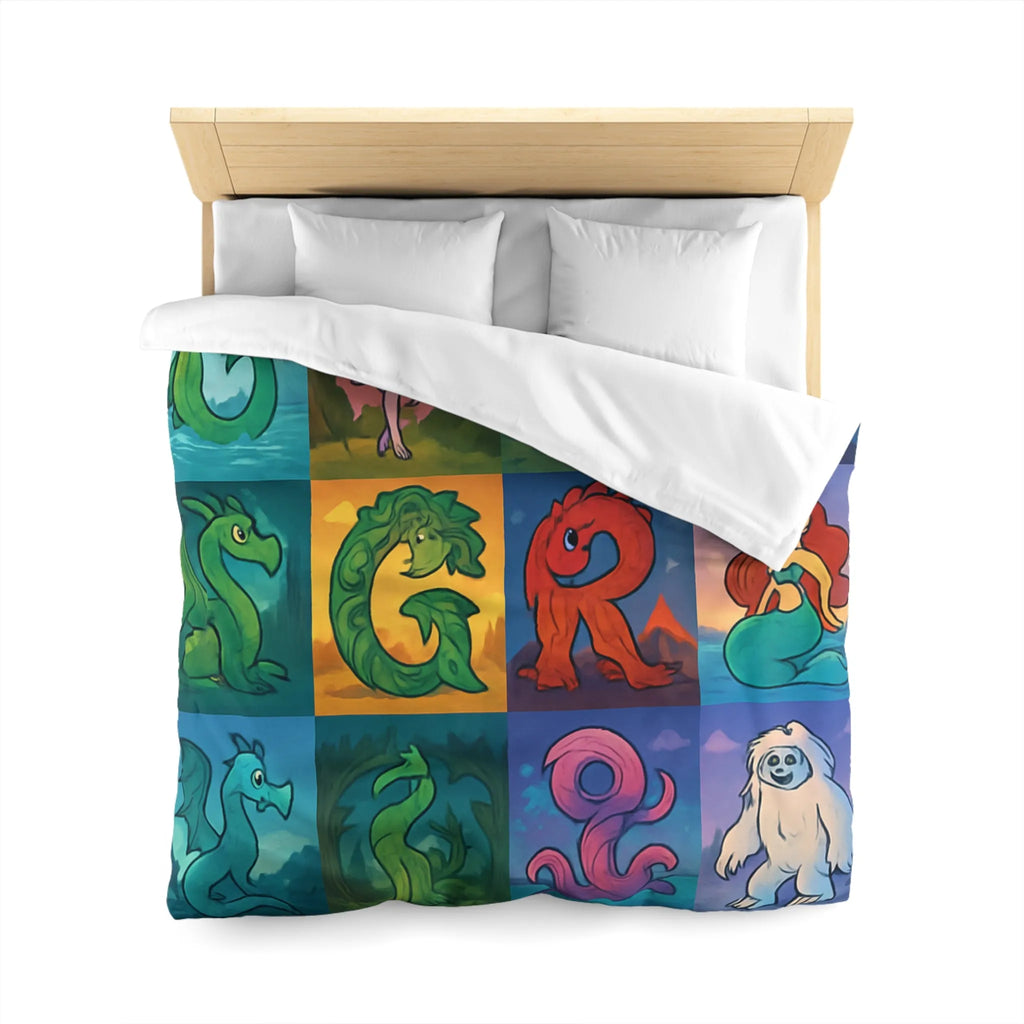 Housse de couette enchantée avec lettres magiques et créatures mythiques colorées