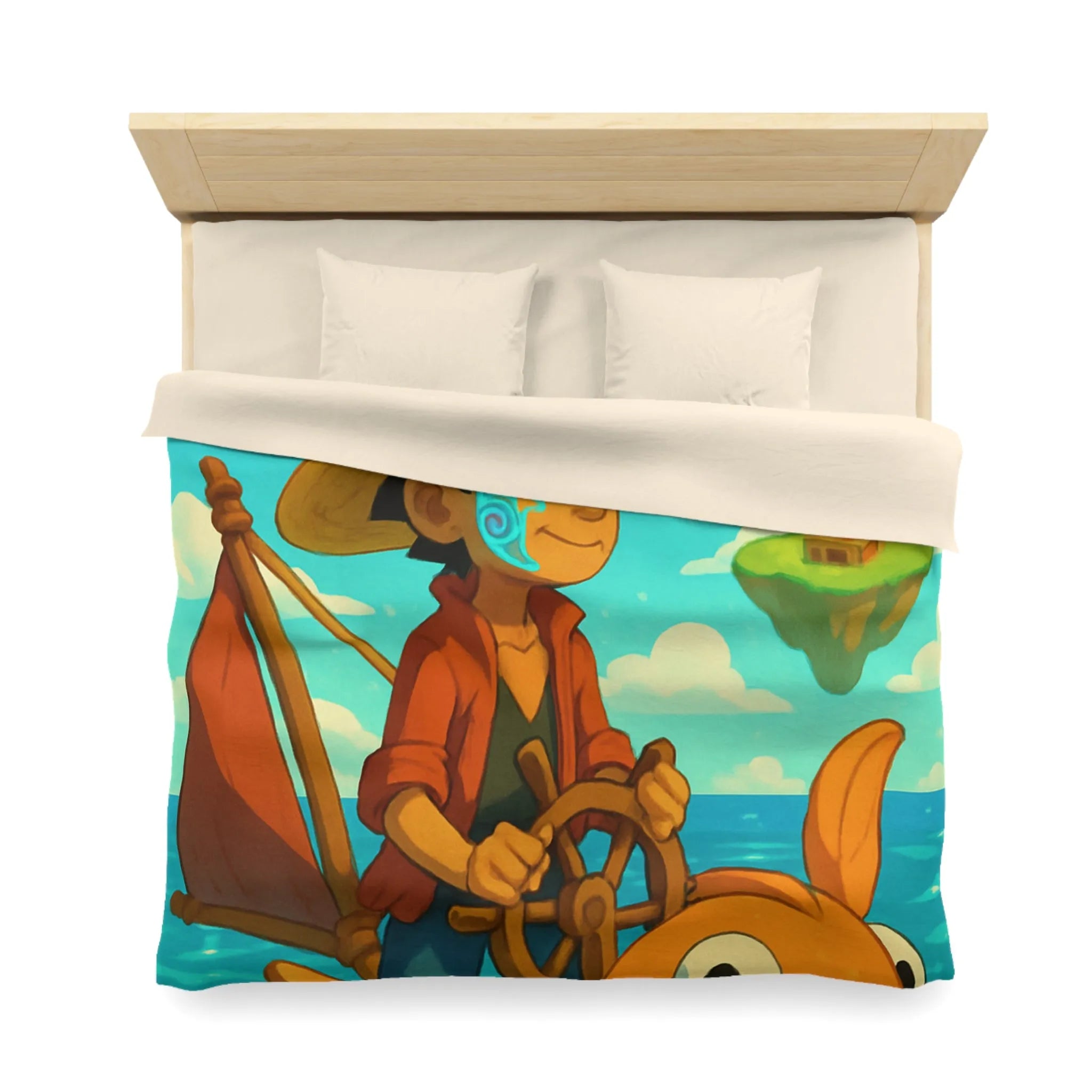 Housse de couette embarcation colorée sur océan turquoise avec îles flottantes et trésors