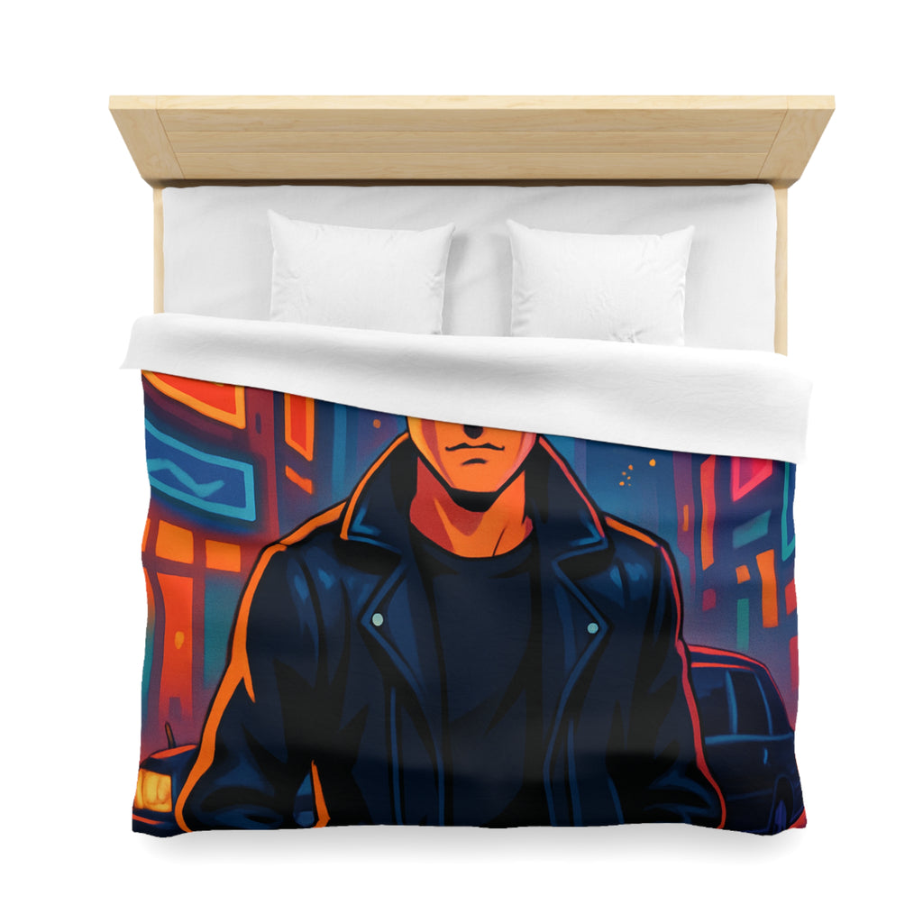 Housse de couette style rétro avec personnage en ville lumineuse sous pleine lune