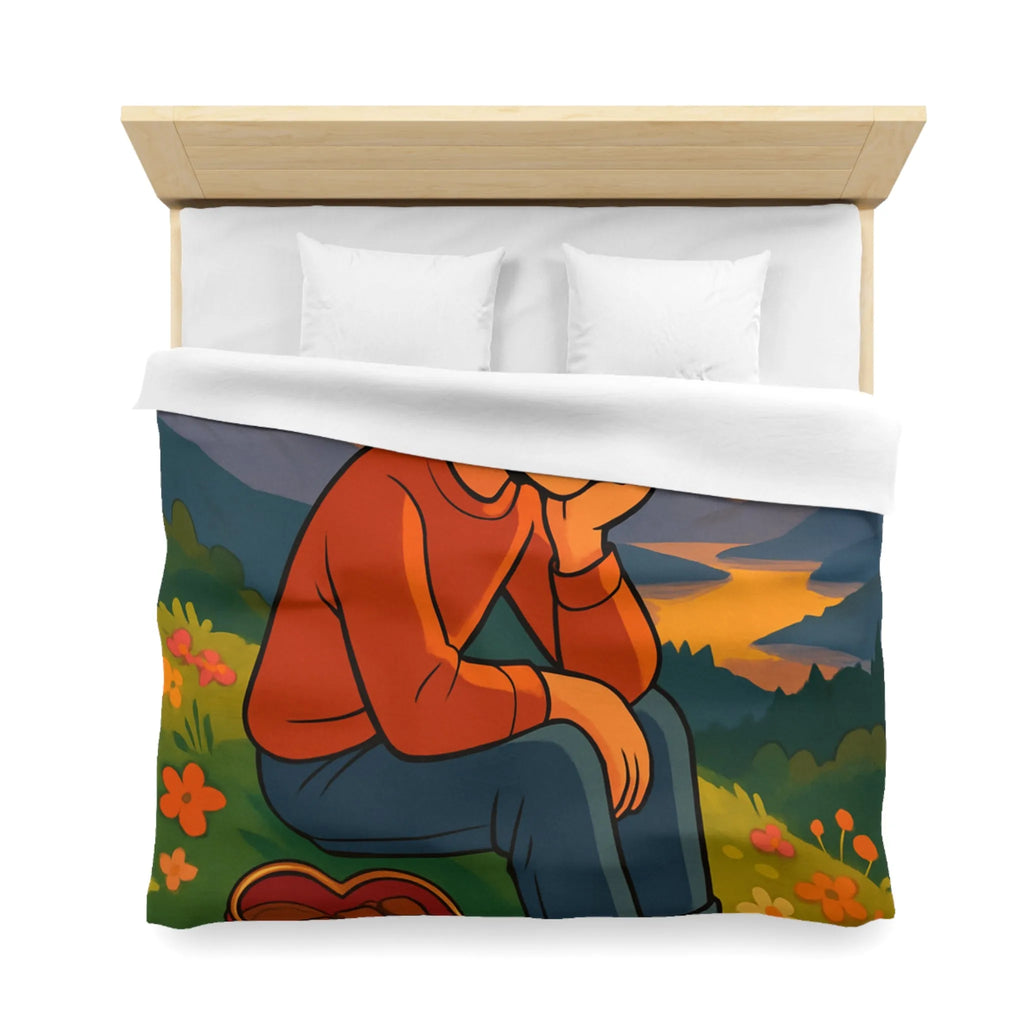 Housse de Couette Illustrée: Paysage Coloré avec Personnage Réfléchi et Coeur en Chocolat