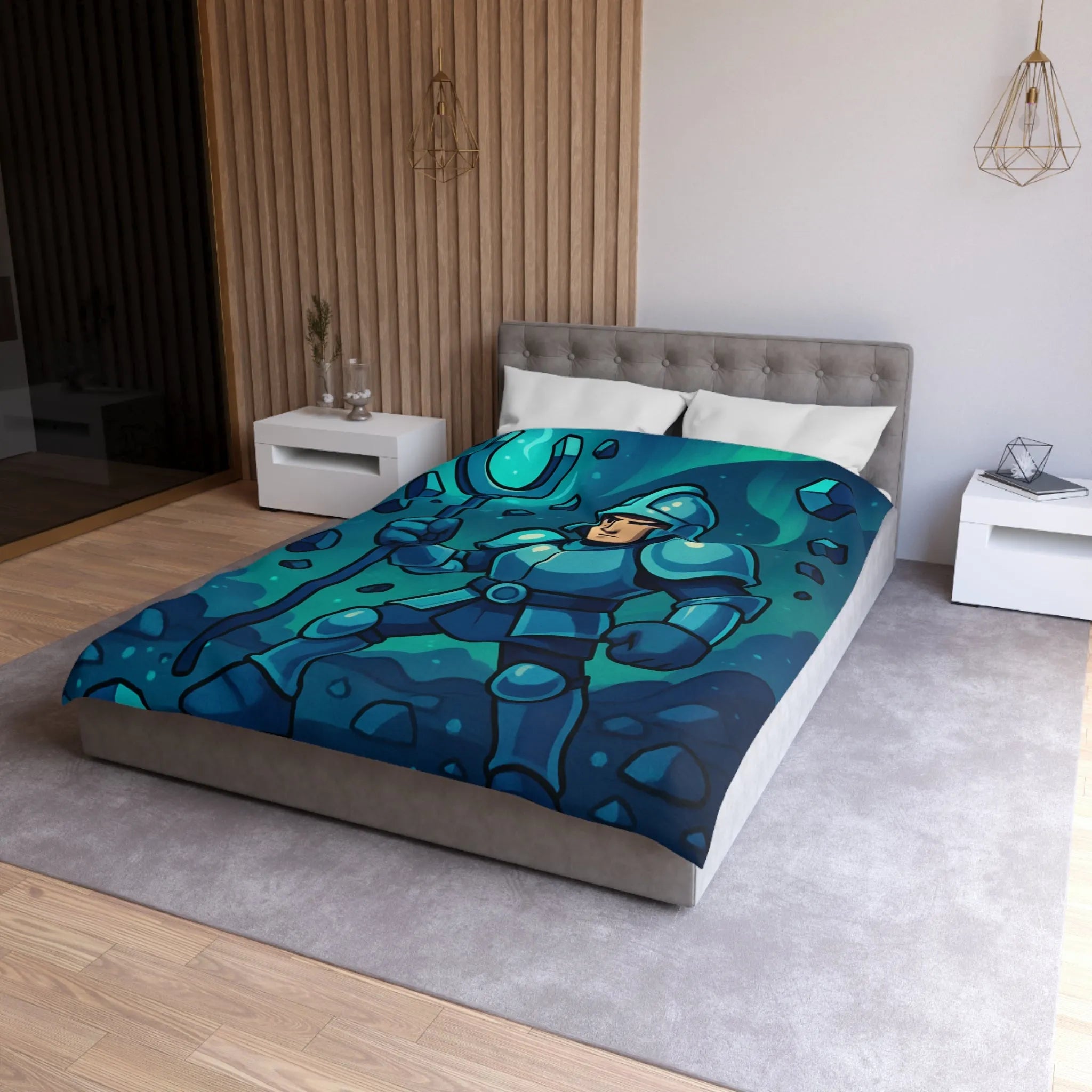 Housse de couette chevalier bleu avec sceptre magique et pierres précieuses sur fond nocturne