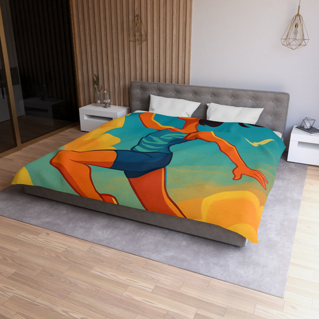 Housse de couette sportive colorée, femme jouant freesbee sous ciel bleu dynamique ultime