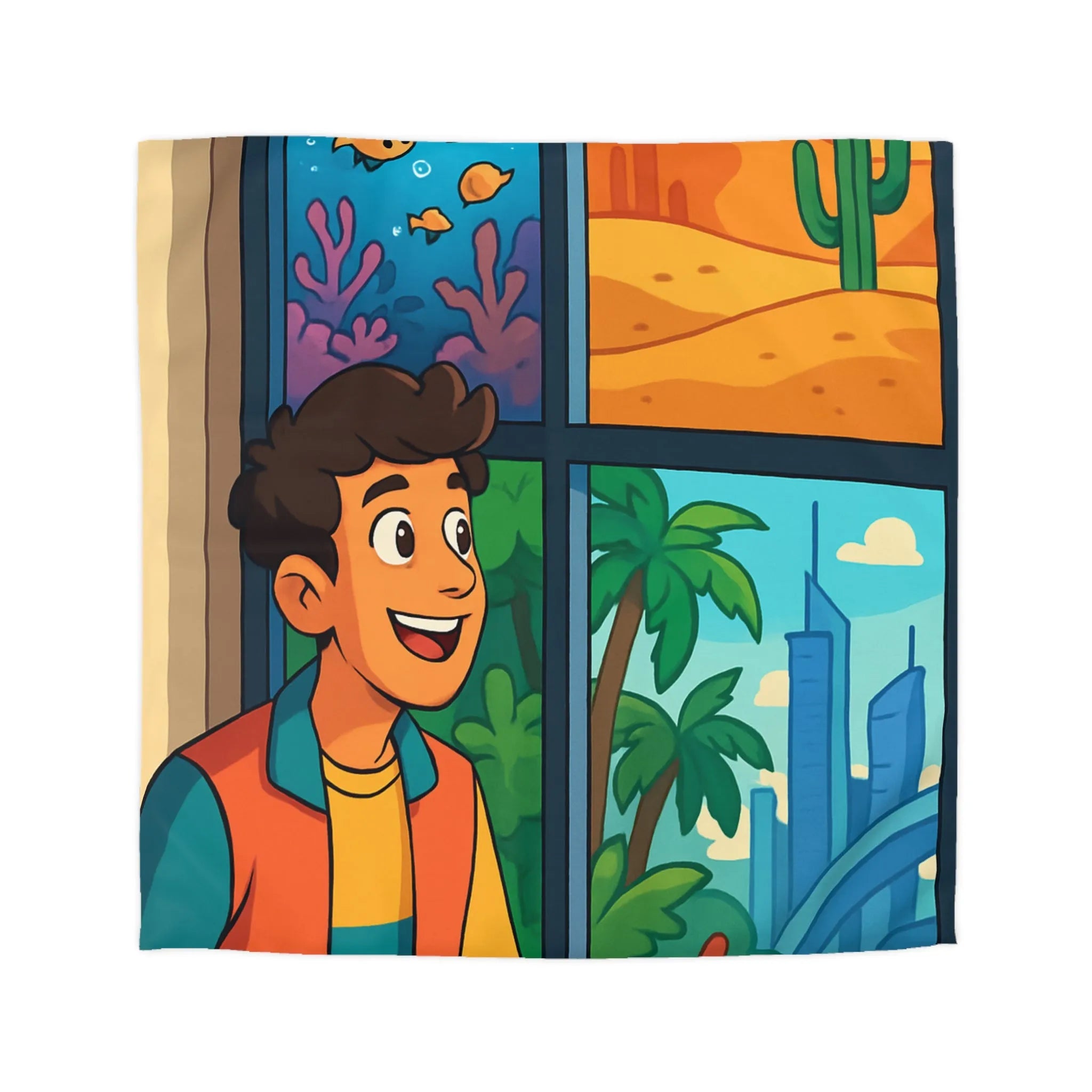 Housse de couette colorée avec paysage marin, désertique et urbain pour chambre d'enfant