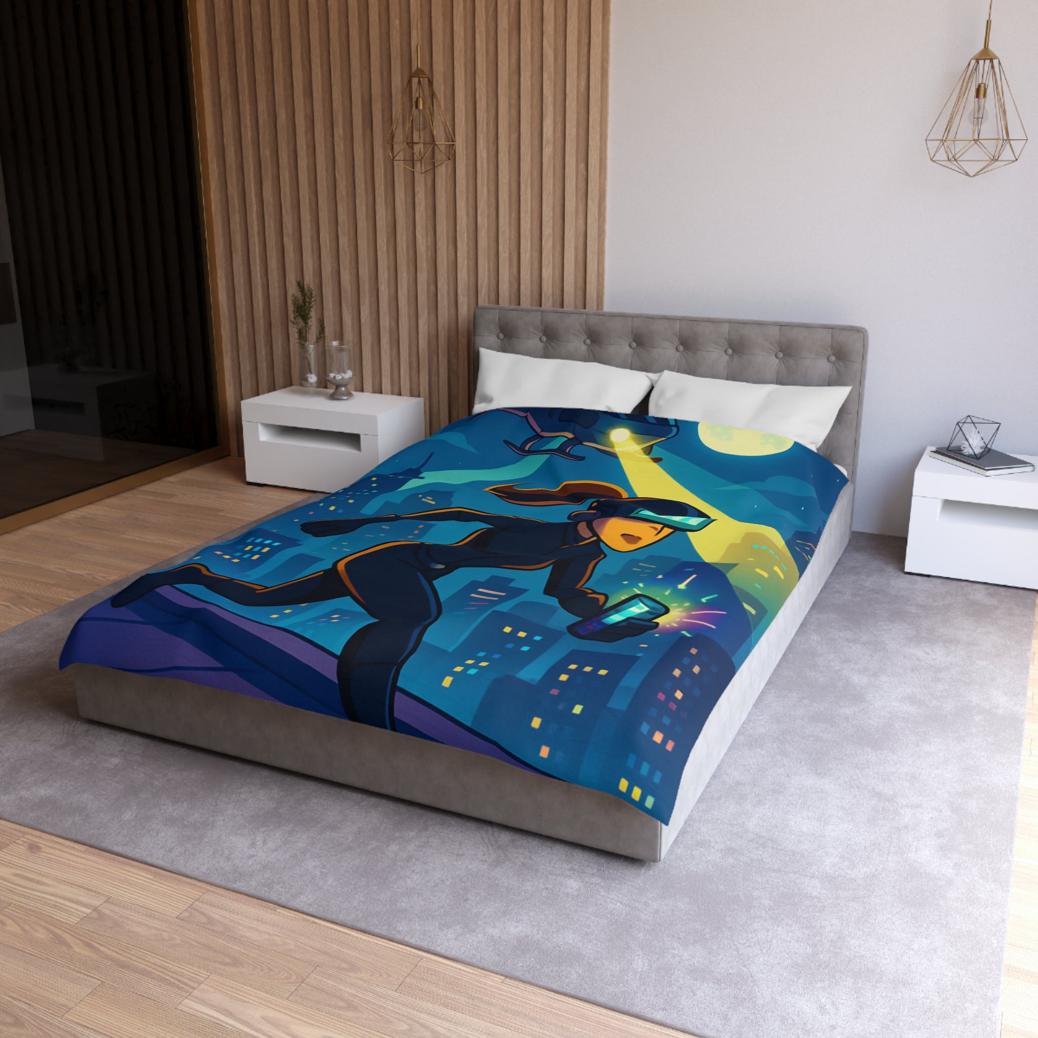 Housse de couette moderne avec motif de ville et personnage futuriste en action
