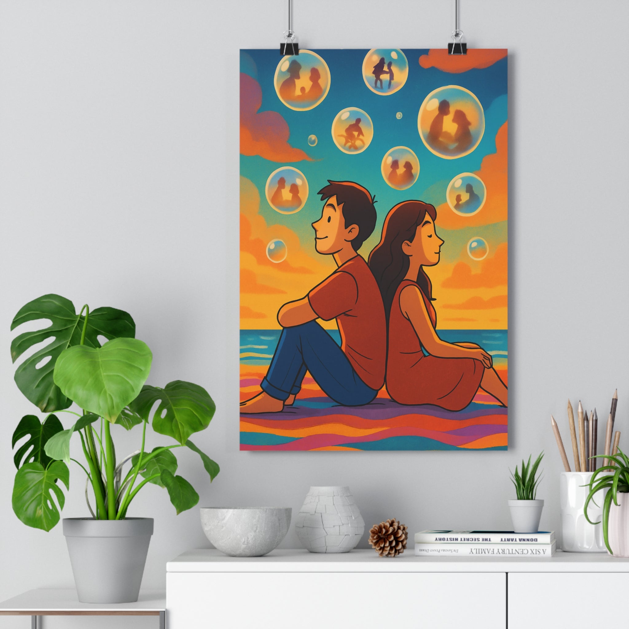Poster décoratif dessin animé pastel bleu orange rose rêveur salon chambre nostalgique 30x46 élégant