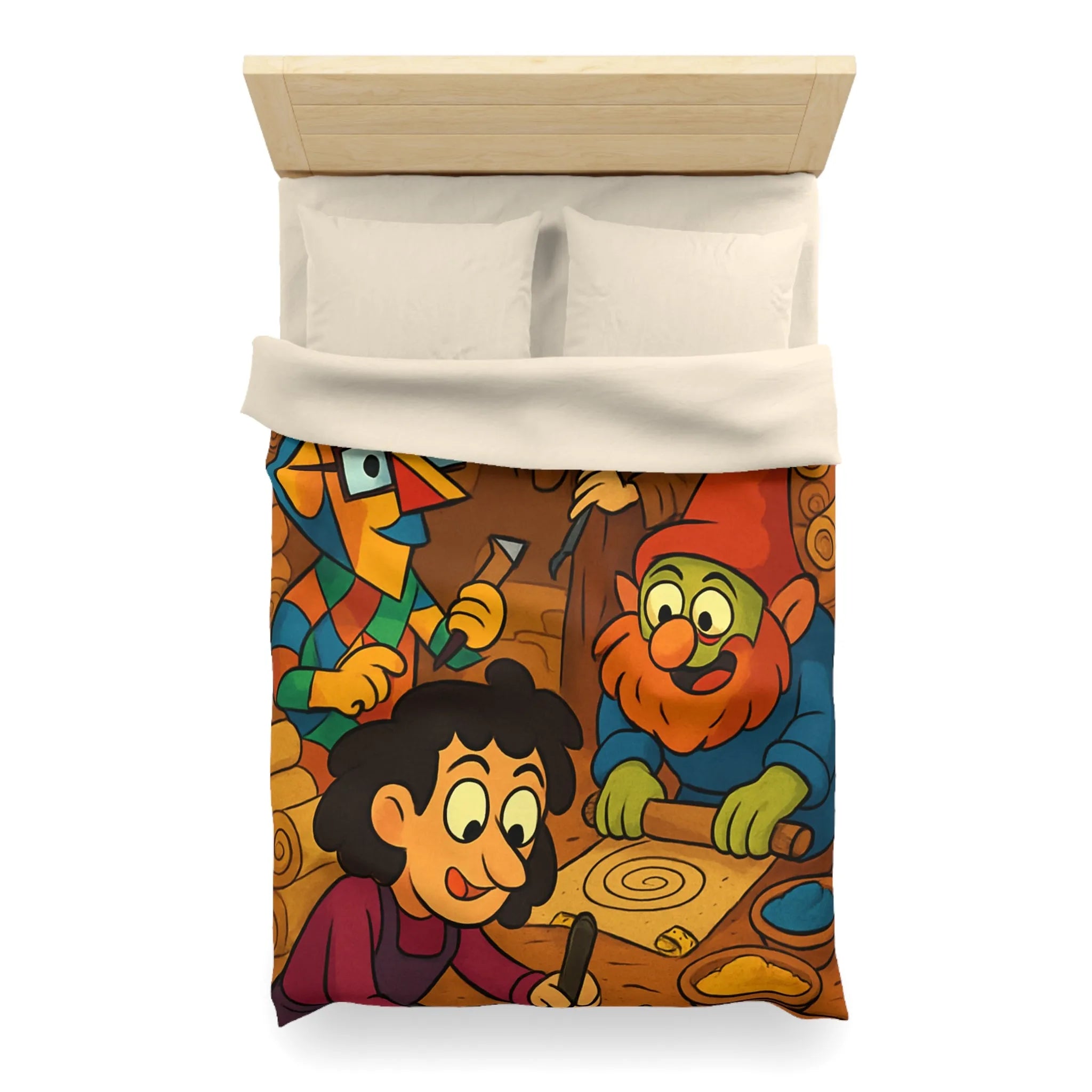 Housse de couette illustrée ambiance atelier fantasy avec gnomes et textures chaleureuses colorées