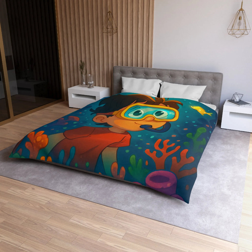 Housse de couette enfantine avec motif sous-marin coloré poisson et garçon plongeur dessiné
