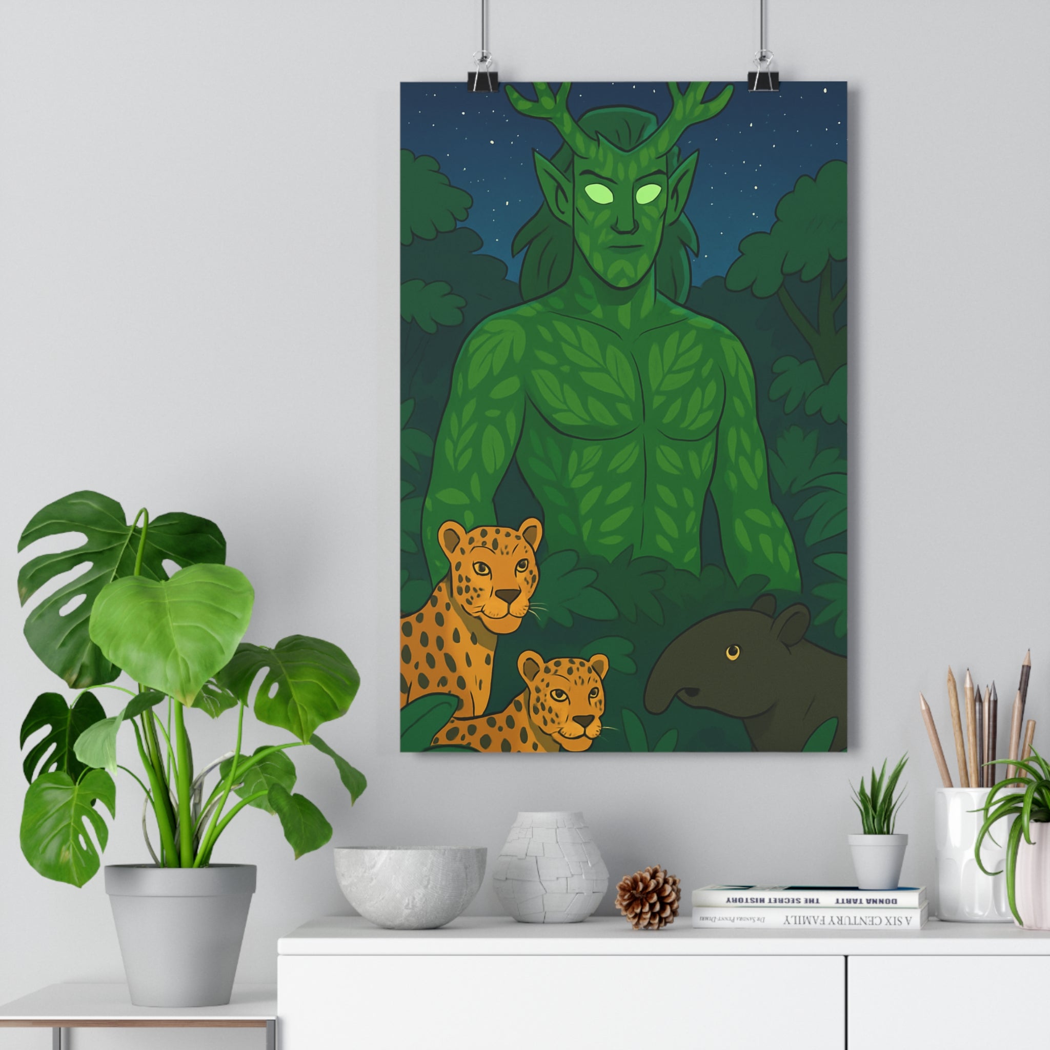 Poster décoratif fantaisie vert jaune mystique jungle salon chambre nature animaux dessin animé qualité