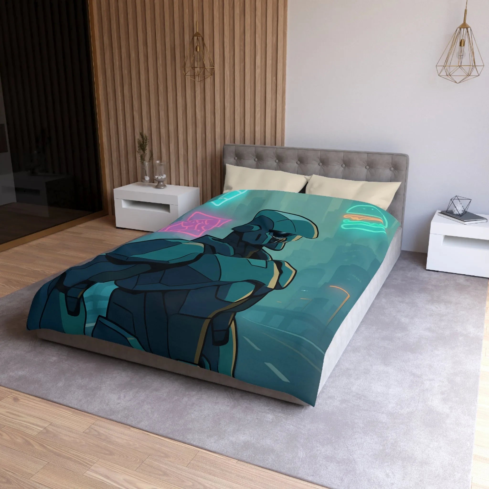 Futuristic Dystopian Cityscape with Neon Lights and Robotic Figure for Bedding Decor