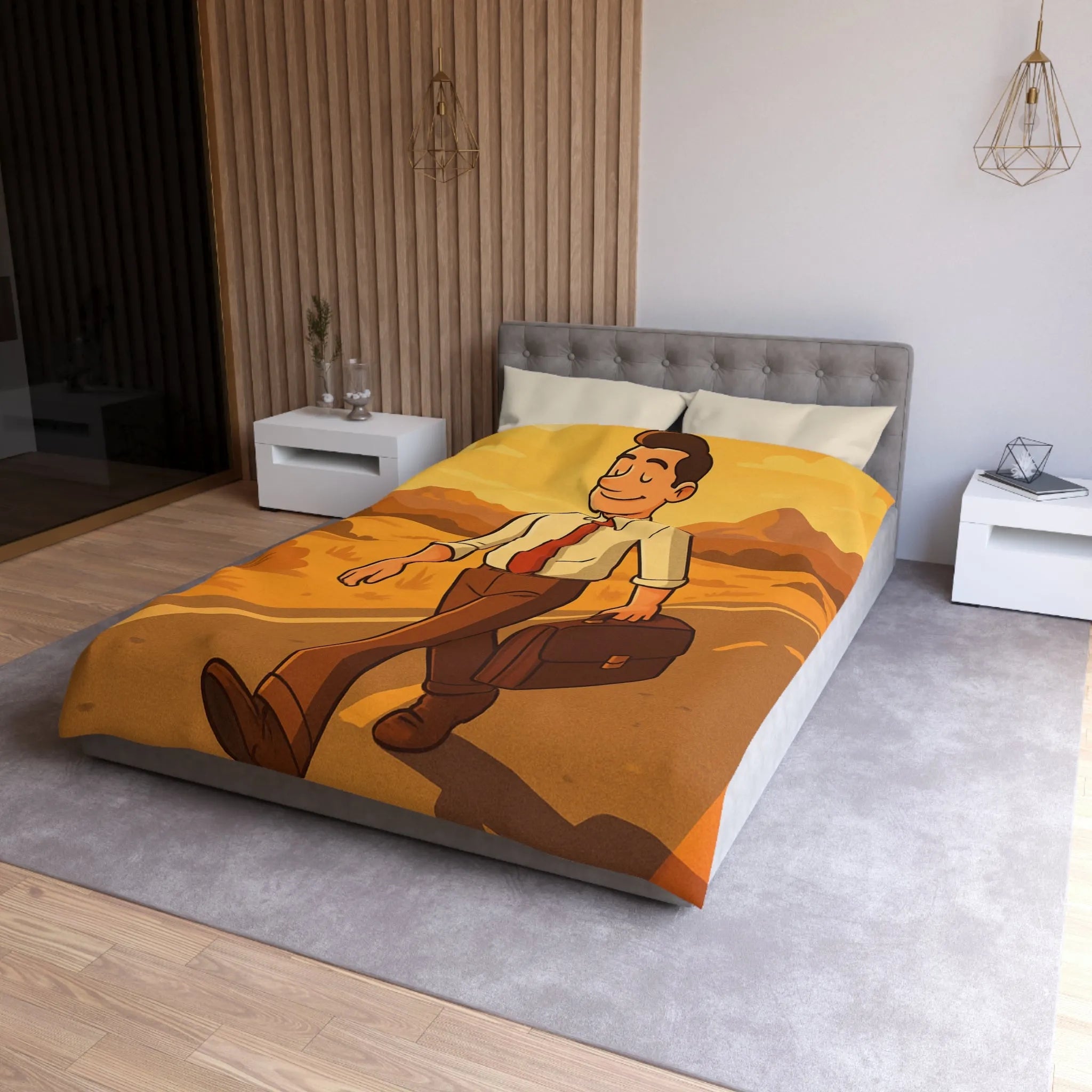 Housse de couette avec illustration d'homme marchant au coucher du soleil style rétro