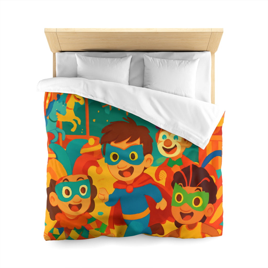 Joyeuse fête foraine avec enfants costumés courant joyeusement parmi attractions colorées nocturnes