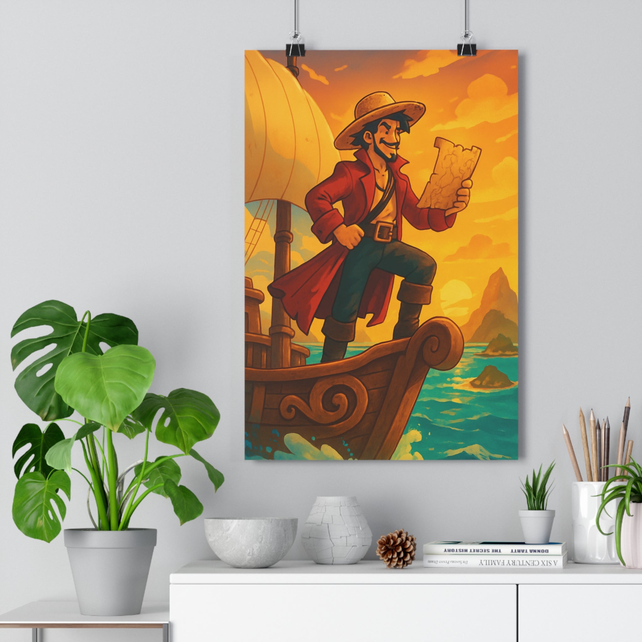 Poster décoratif pirate aventure dessin animé orange bleu chambre enfant mystérieux fantastique vibrant excitant