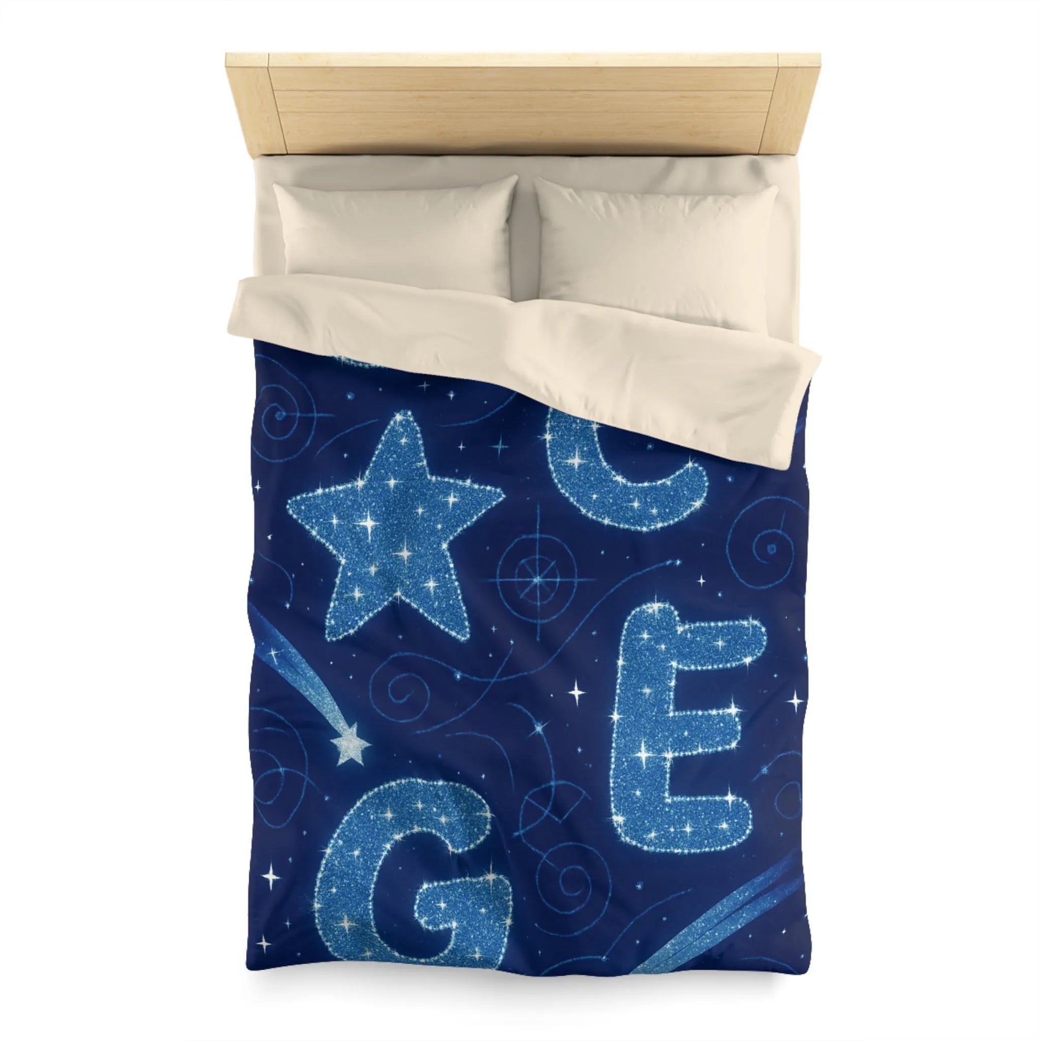 Housse de couette espace étoilé avec lettres scintillantes et planètes en arrière-plan