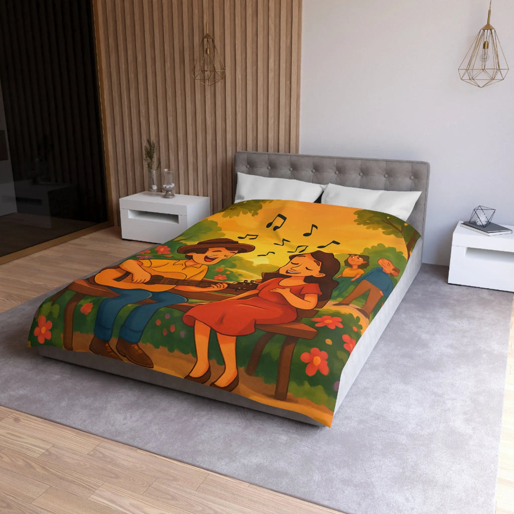 Housse de couette idéale avec illustration douce de couple romantique et coucher de soleil