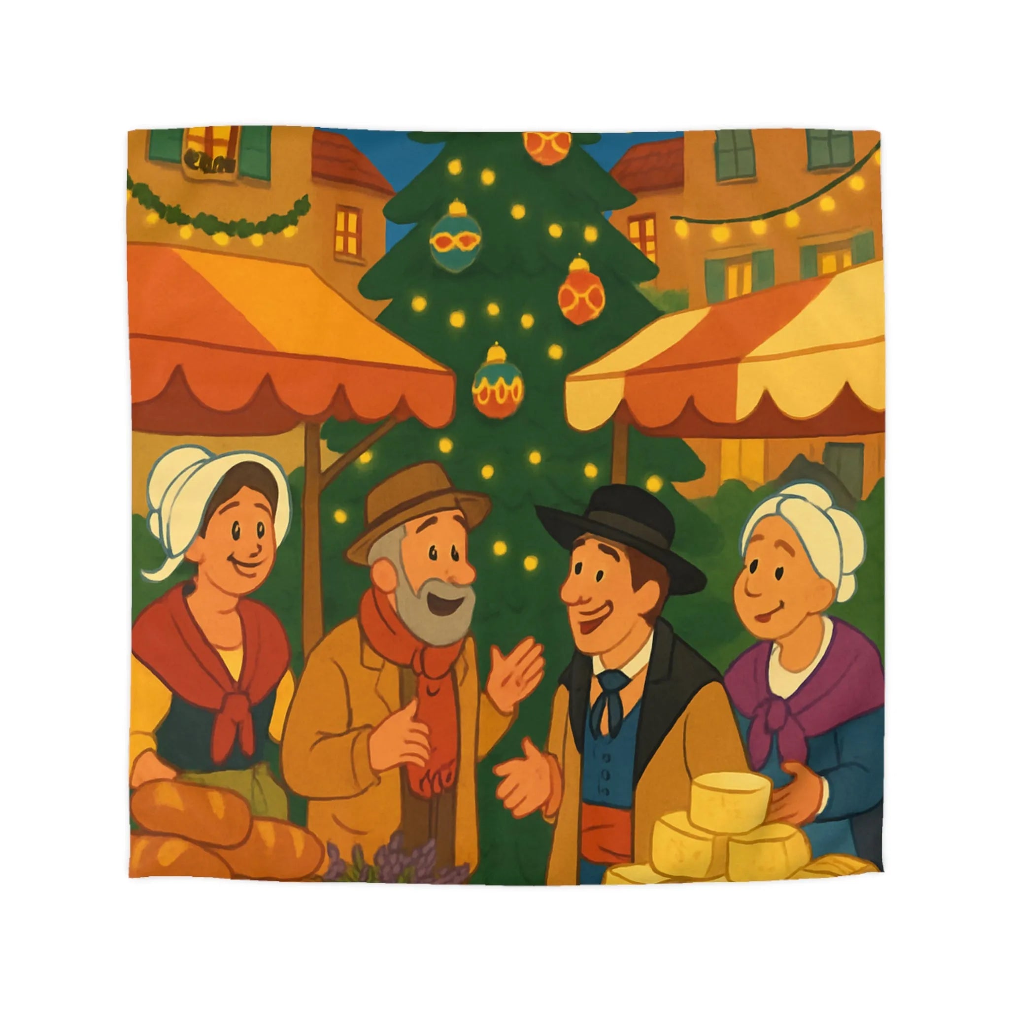 Housse de couette festive avec marché de Noël et sapin illuminé au village