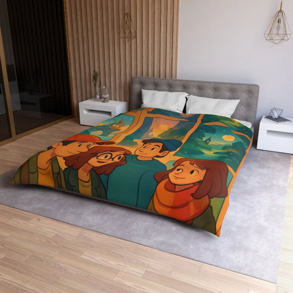 Housse de couette colorée avec paysages enchanteurs et personnages stylisés en exposition artistique