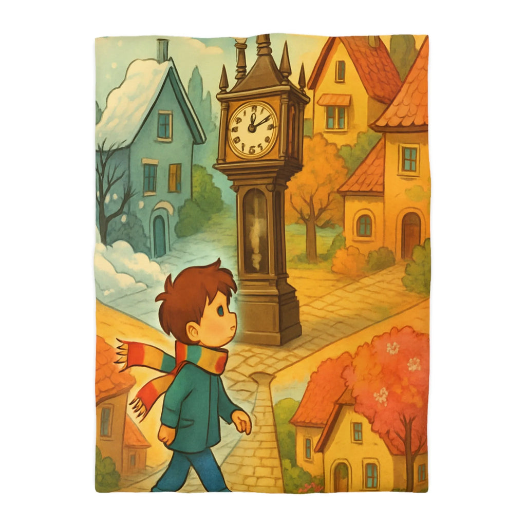 Housse de Couette Enfant Colorée avec Scène Enchanteresse de Village et Horloge Fantaisiste