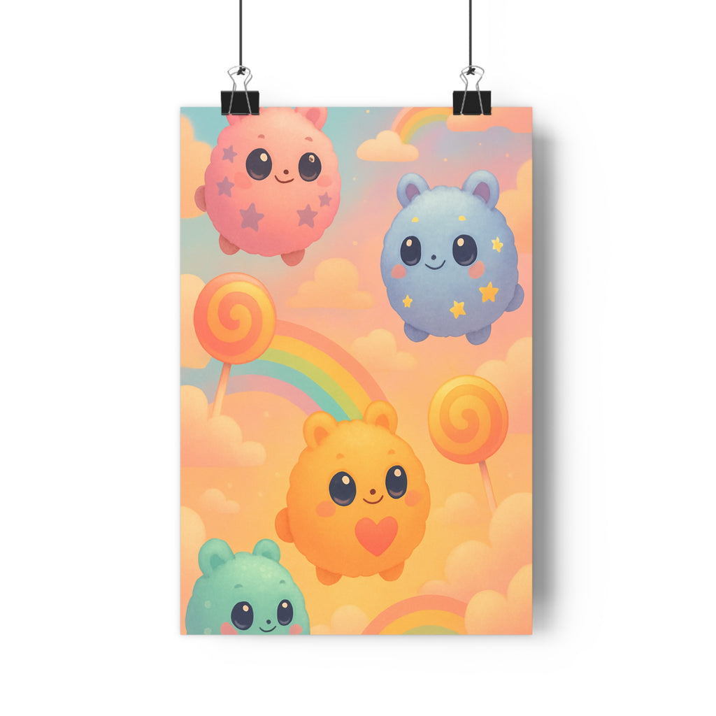 Poster décoratif kawaii pastel rose bleu jaune vert joyeux chambre enfant créatures motifs nuages