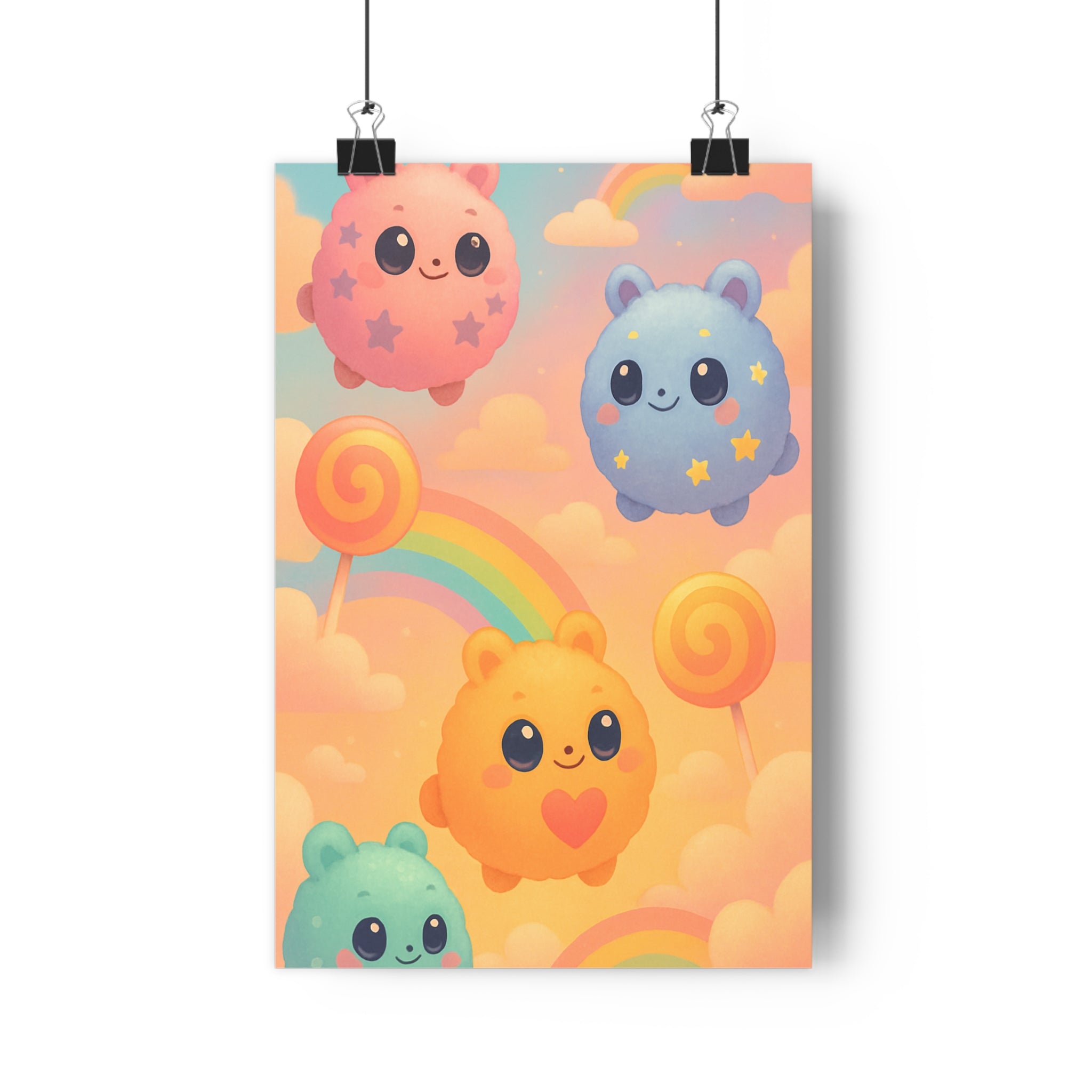 Poster décoratif kawaii pastel rose bleu jaune vert joyeux chambre enfant créatures motifs nuages