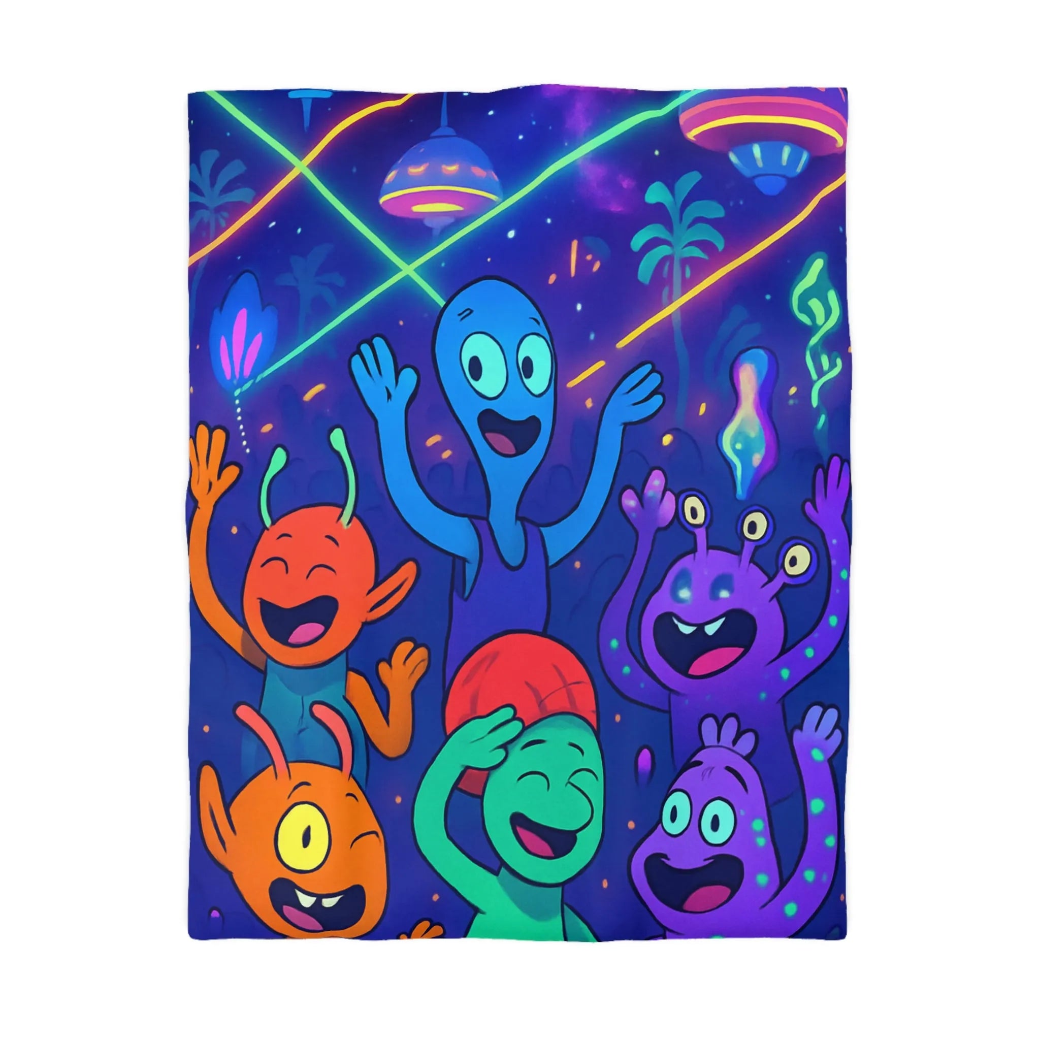 Housse de couette colorée avec des créatures extraterrestres dans une fête cosmique lumineuse