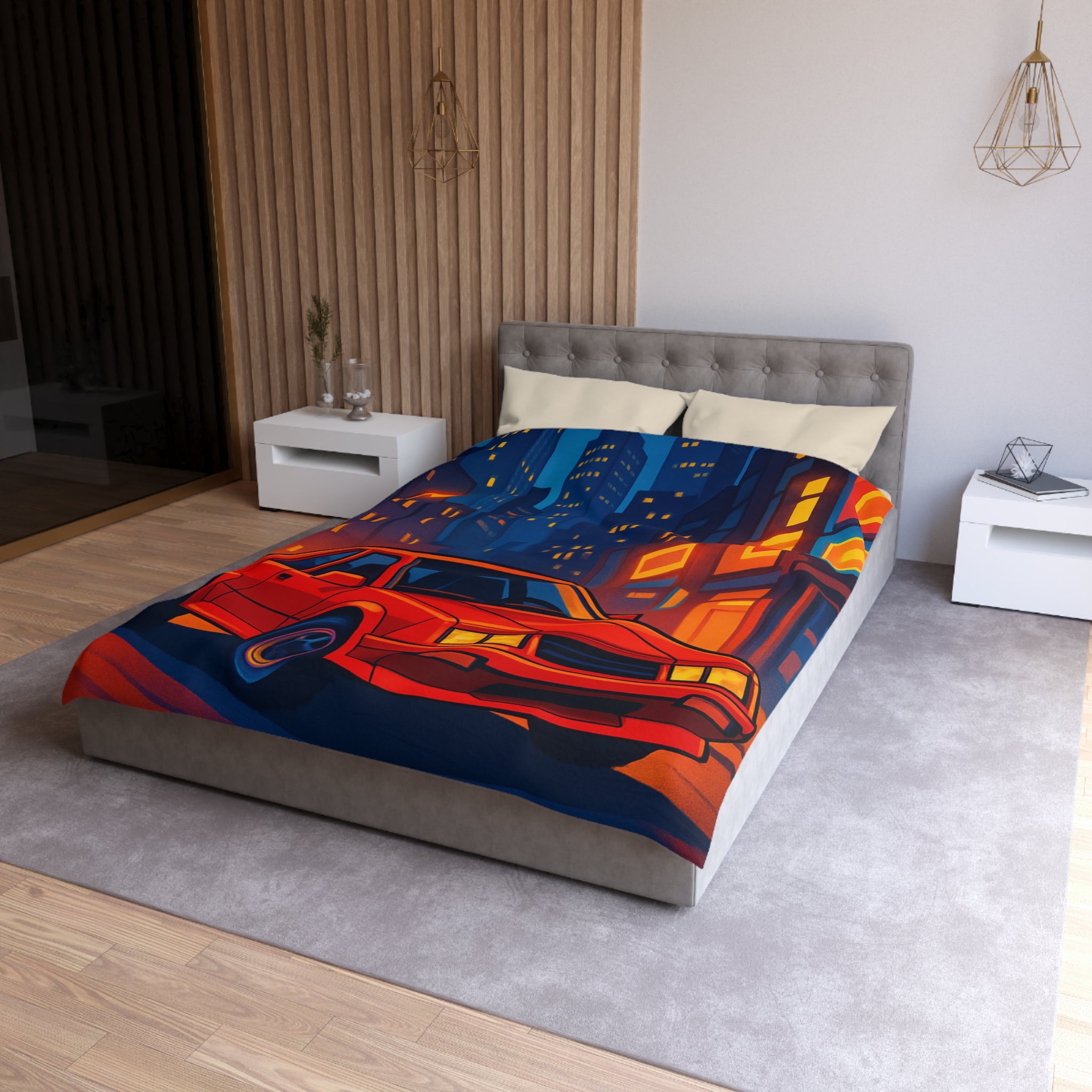 Housse de couette urbaine rétro avec voiture rouge lueur nocturne vibrante