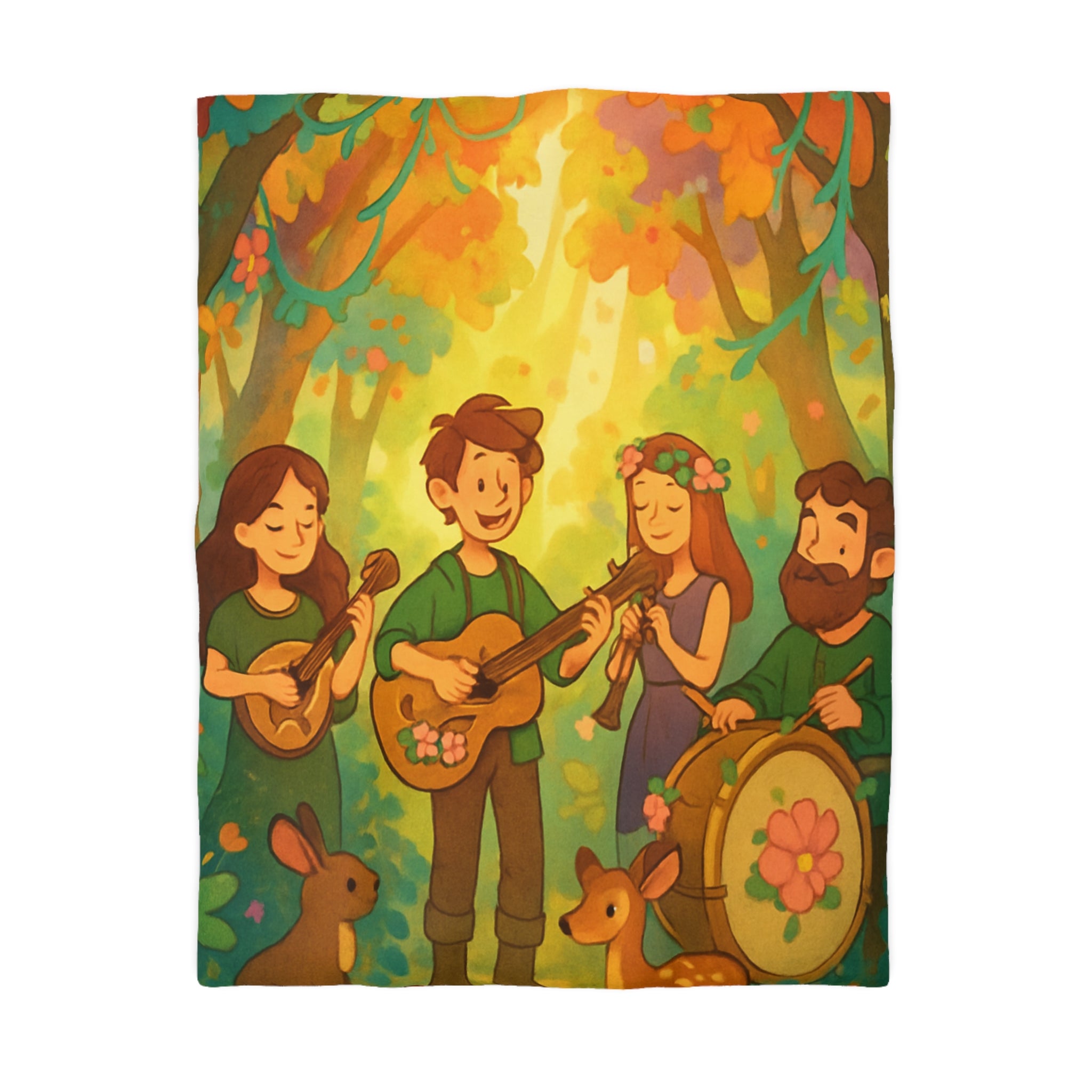 Housse de couette musicale enchantée forêt, animaux, motifs vibrants pour chambre féerique