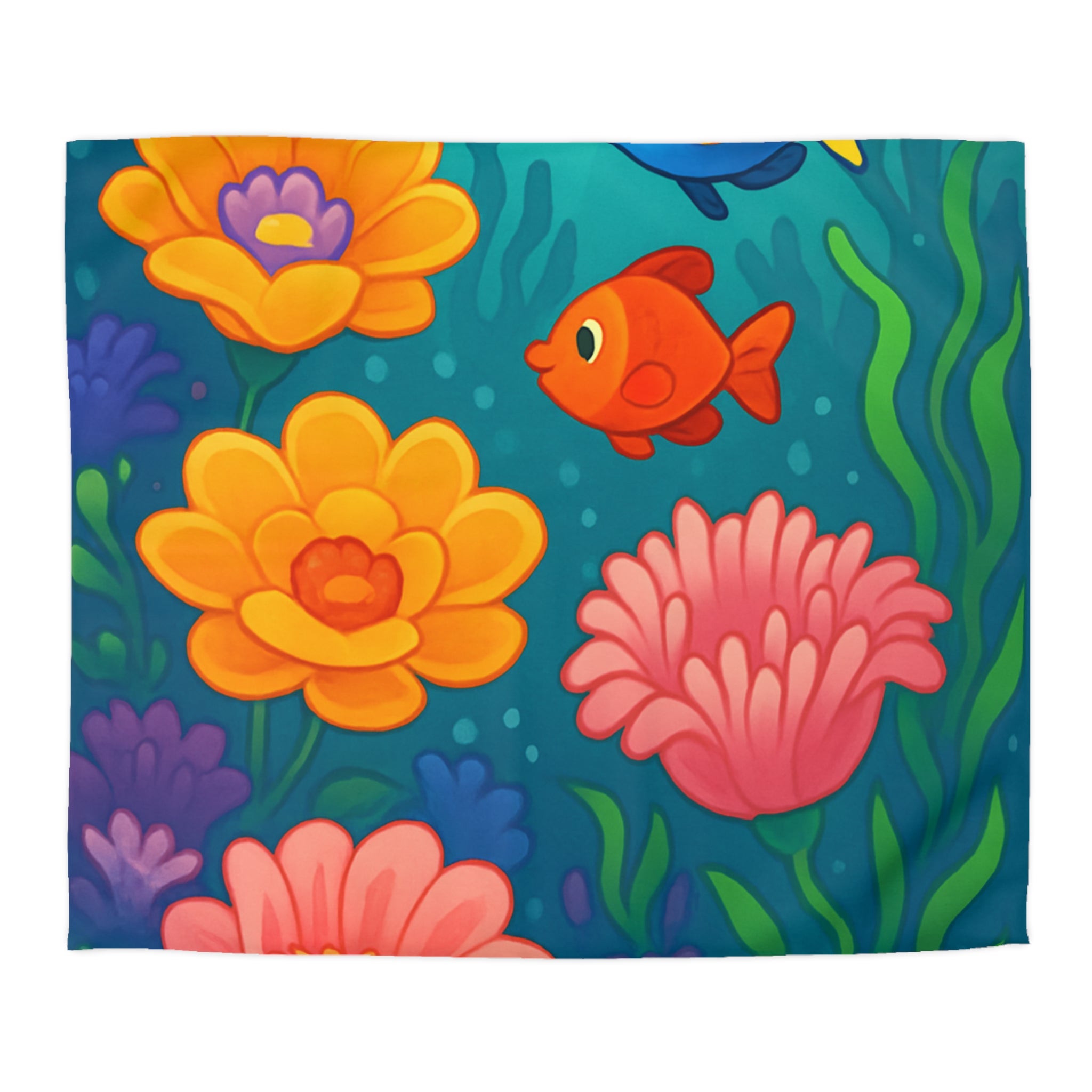 Housse de couette poissons tropicaux multicolores avec fleurs coralliennes pour chambre enfant