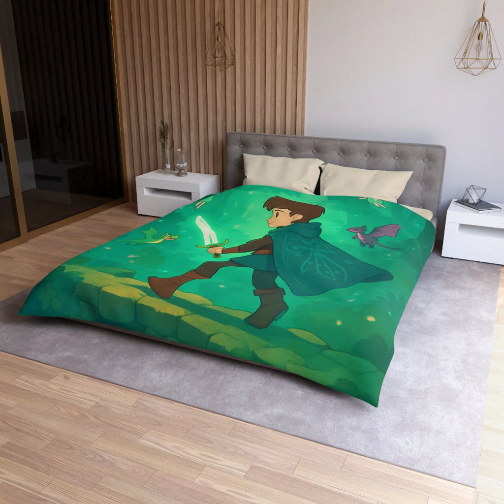 Housse de couette enfant magique avec épée lumineuse et créatures enchantées en forêt