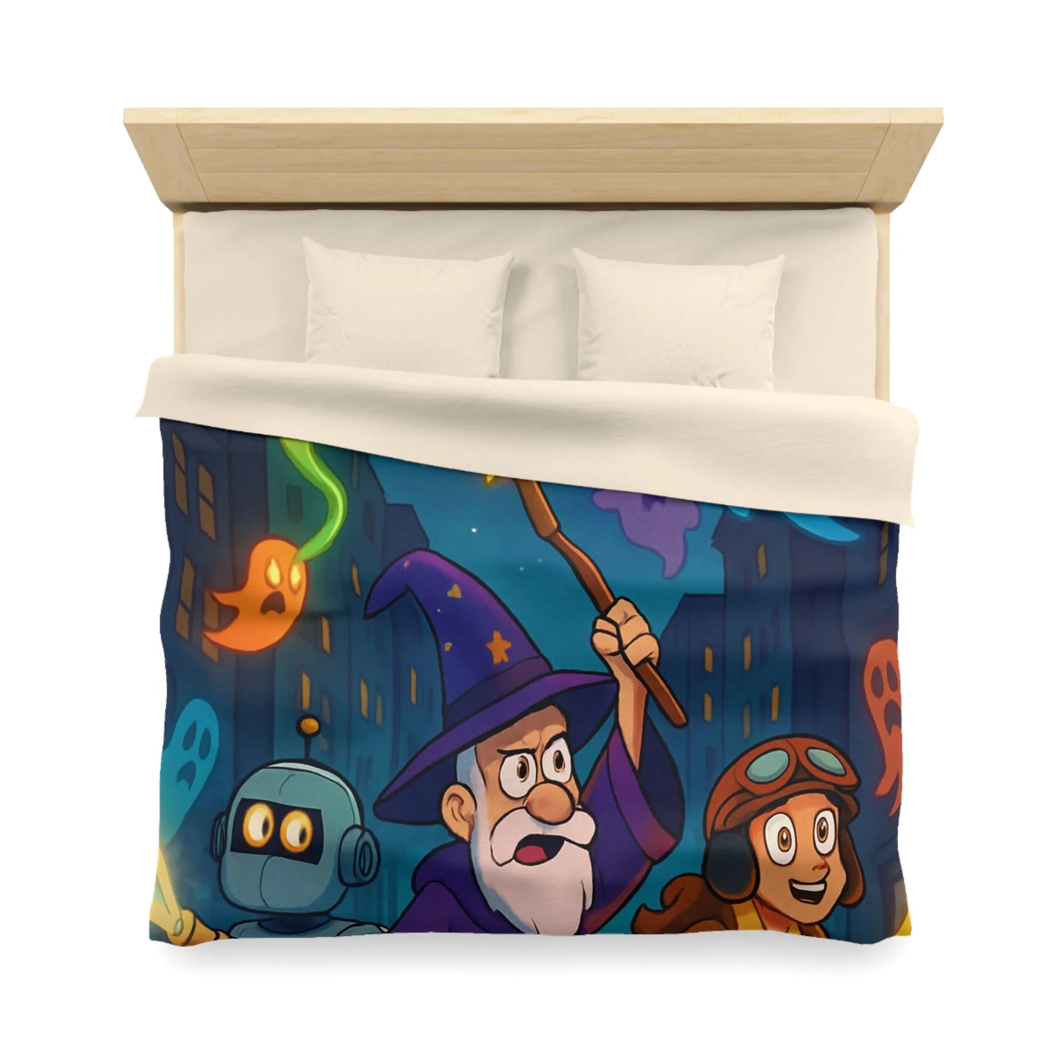 Housse de couette magique avec fantômes colorés, sorcier et robot aventureux en ville nocturne