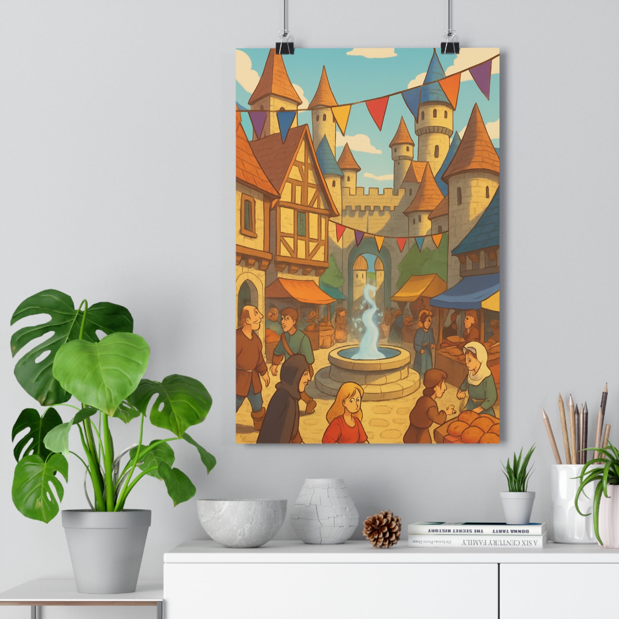 Poster décoratif ville médiévale cartoon pastel terreux nostalgique chaleureux salon chambre 30x46 cm vintage