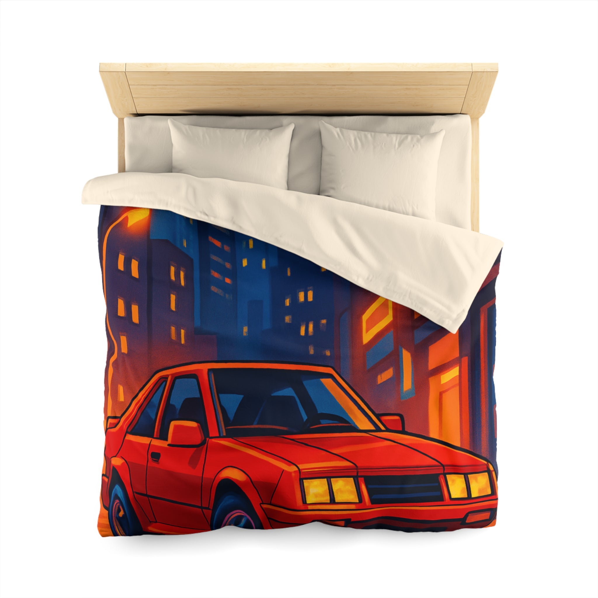 Housse de couette urbaine rétro avec voiture rouge lueur nocturne vibrante