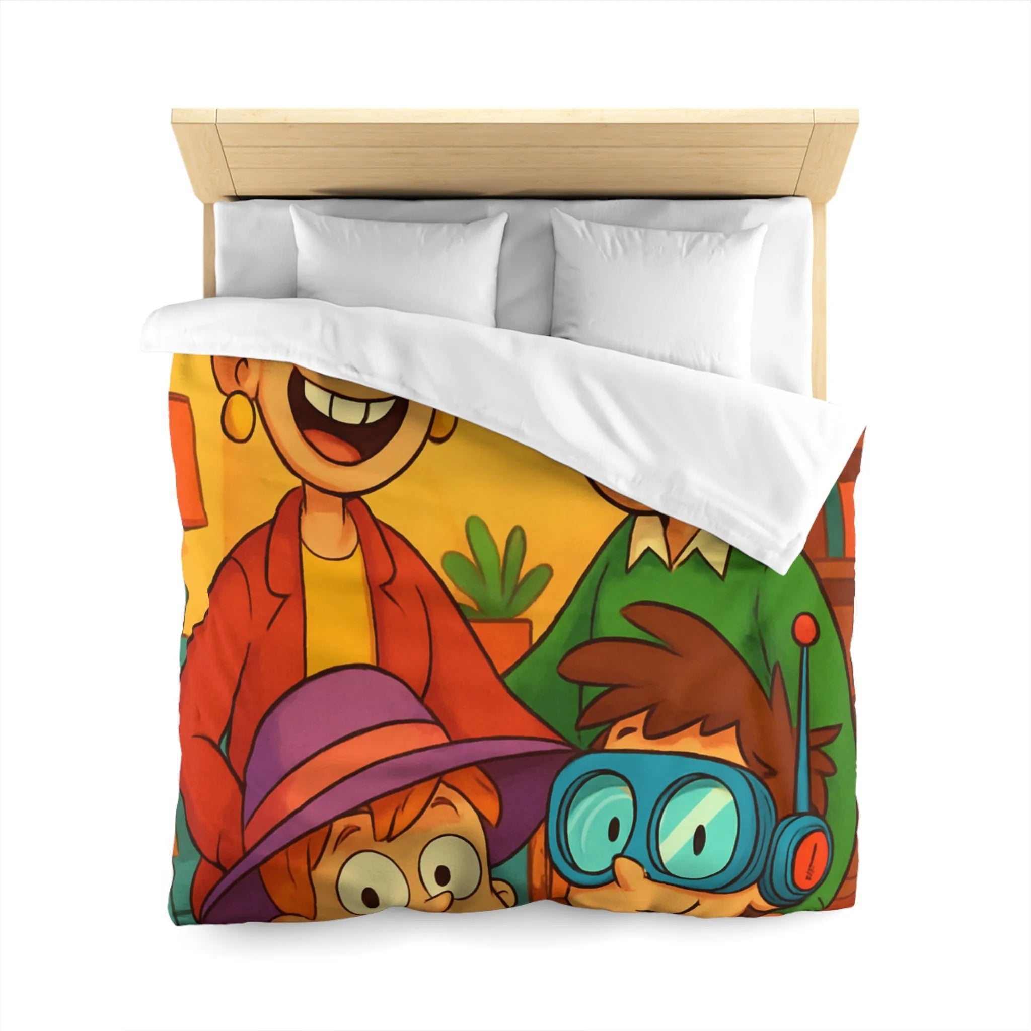 Housse de couette joyeuse avec une famille amusante et colorée, lunettes originales
