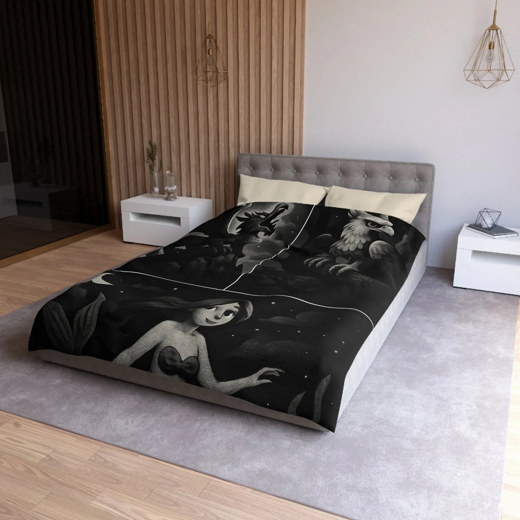 Housse de couette avec motifs de créatures fantastiques dragon, griffon et sirène en noir et gris