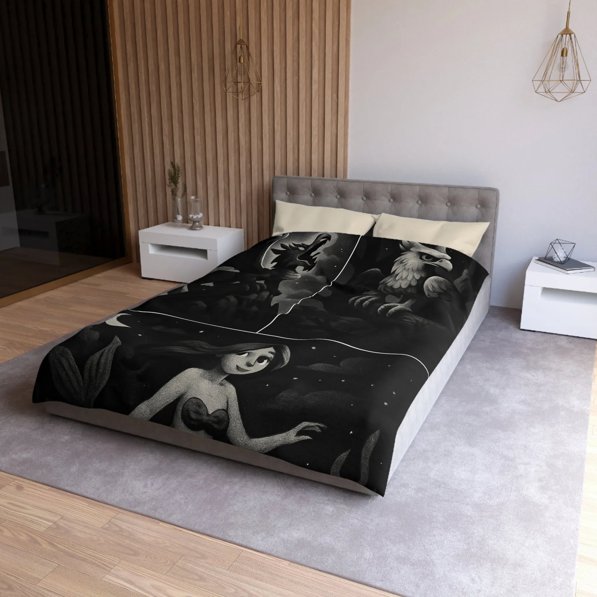 Housse de couette avec motifs de créatures fantastiques dragon, griffon et sirène en noir et gris