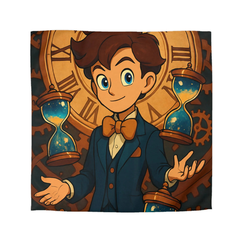 Élégante housse de couette thème horloger avec personnage stylisé et sabliers dorés