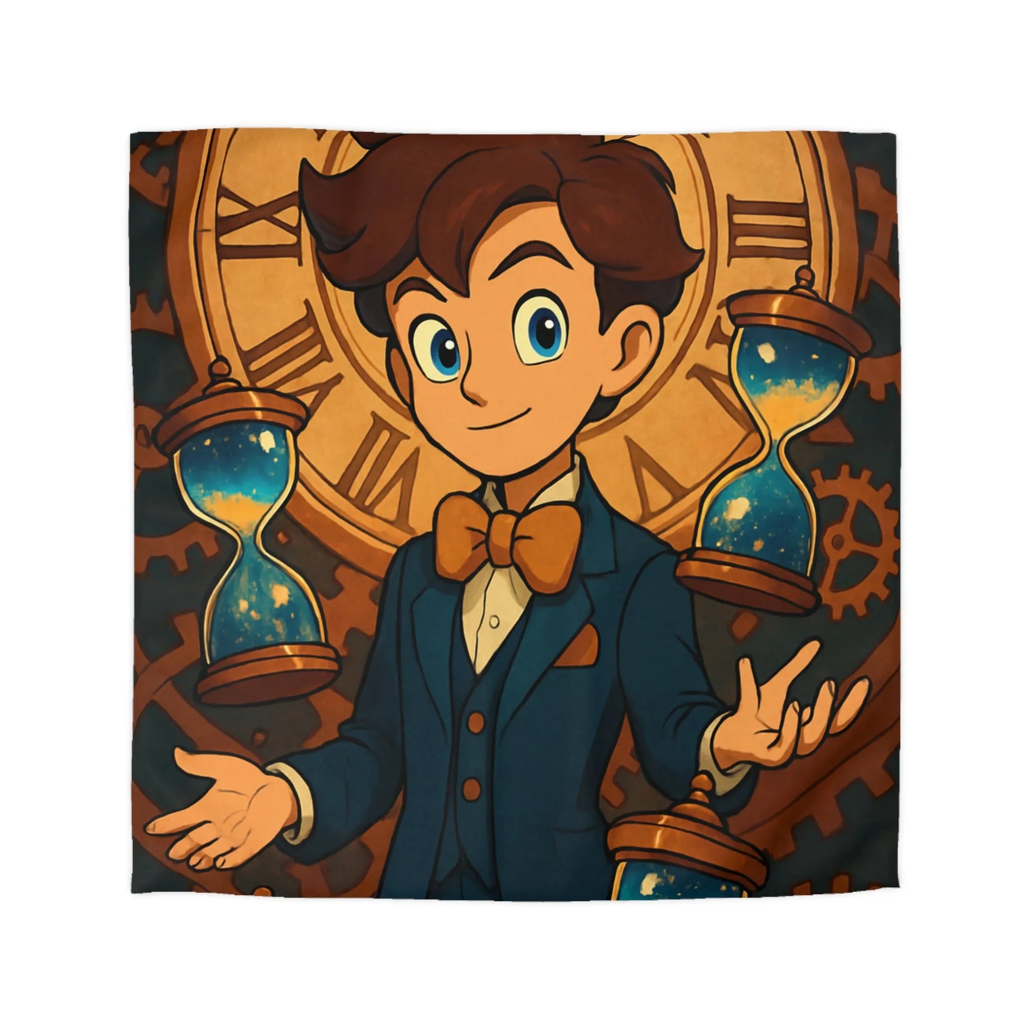 Élégante housse de couette thème horloger avec personnage stylisé et sabliers dorés