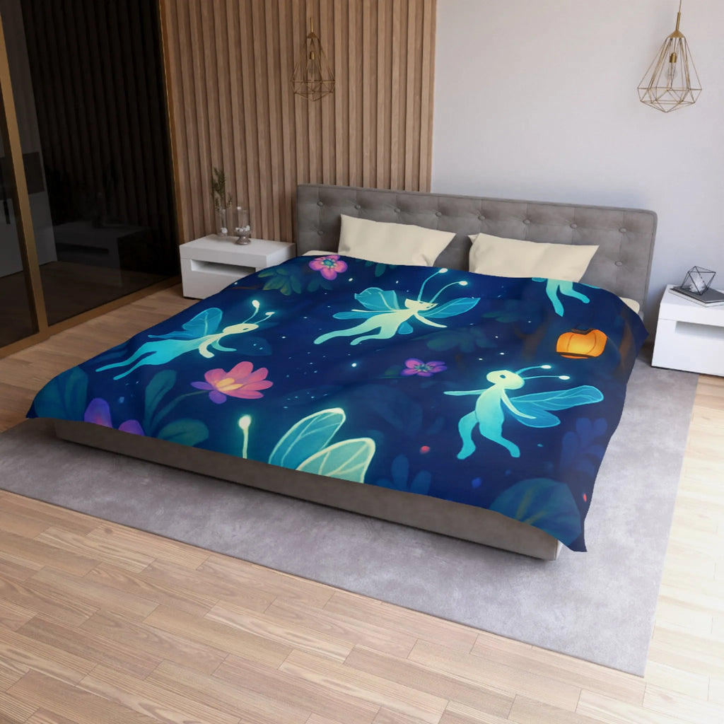 Housse de couette féérique avec lutins lumineux et fleurs dans une forêt enchantée