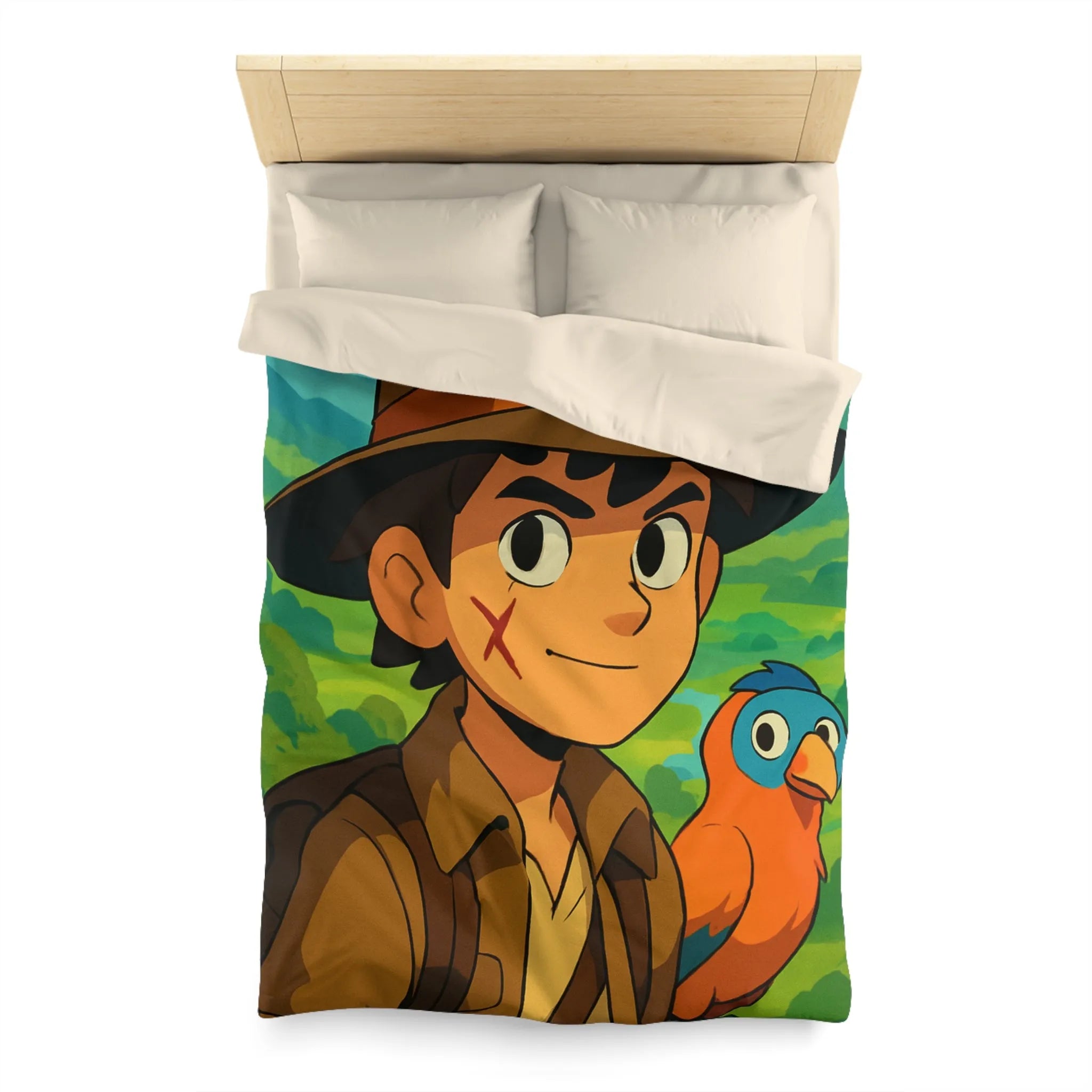 Housse de Couette Enfant Aventure Jungle avec Explorateur et Perroquet Coloré