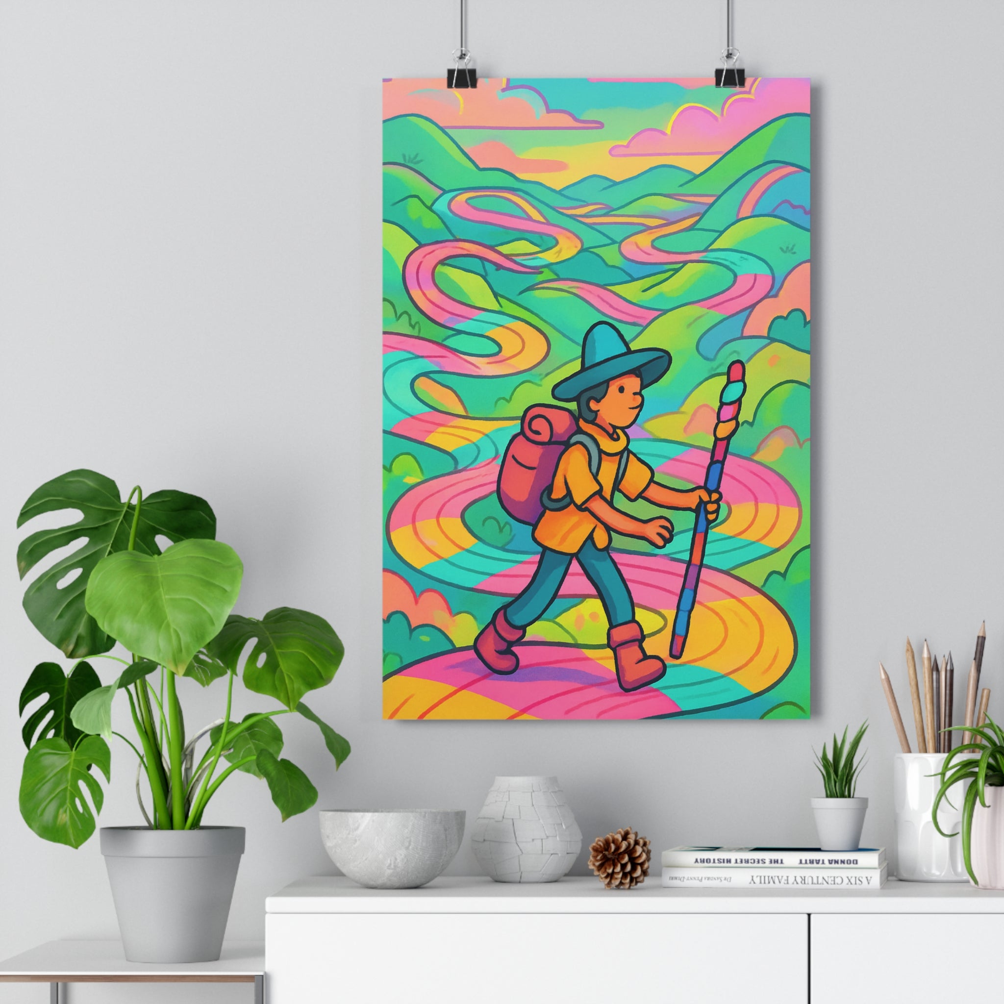 Poster décoratif coloré surréaliste voyageur vibrant bleu rose jaune rêveur aventure intérieur 30x46 chambre