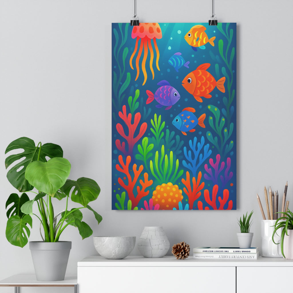 Poster décoratif cartoon couleurs éclatantes orange bleu mystique joyeux chambre salon nature artistique vivant