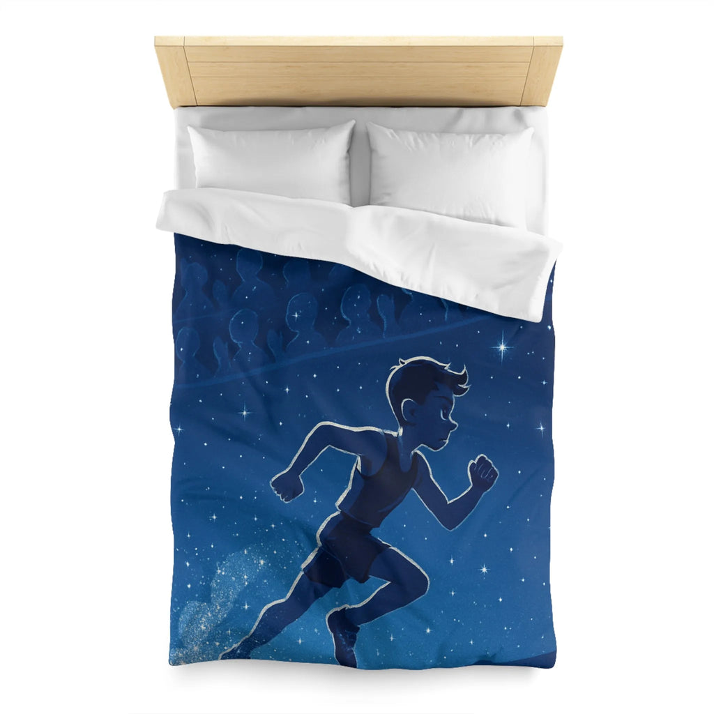 Housse de couette bleue nuit avec silhouette d'enfant courant sous ciel étoilé
