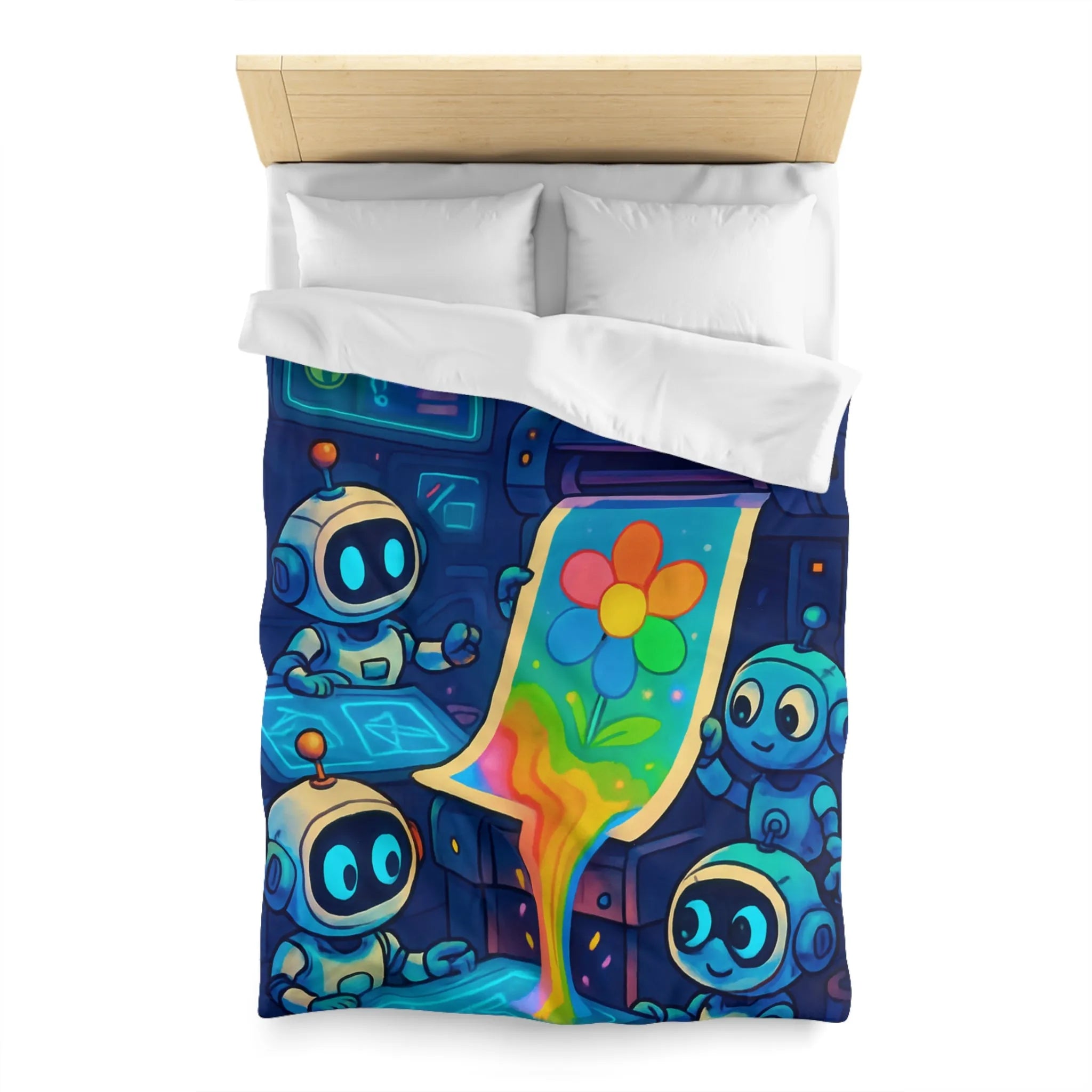 Drôles de robots imprimant une fleur colorée dans un atelier futuriste lumineux