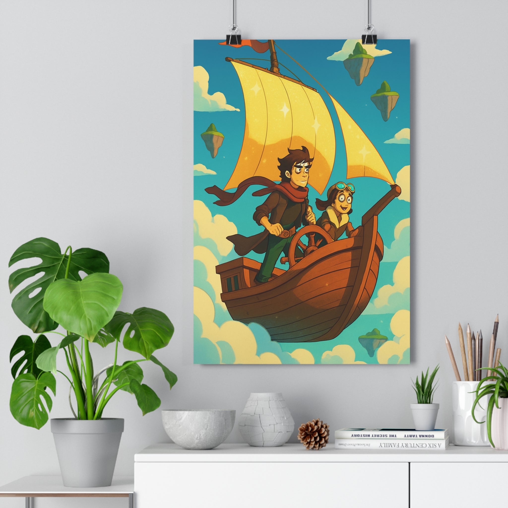 Poster décoratif aventure dessin animé bleu doré nuages chambre enfant ciel bateau personnages 30x46