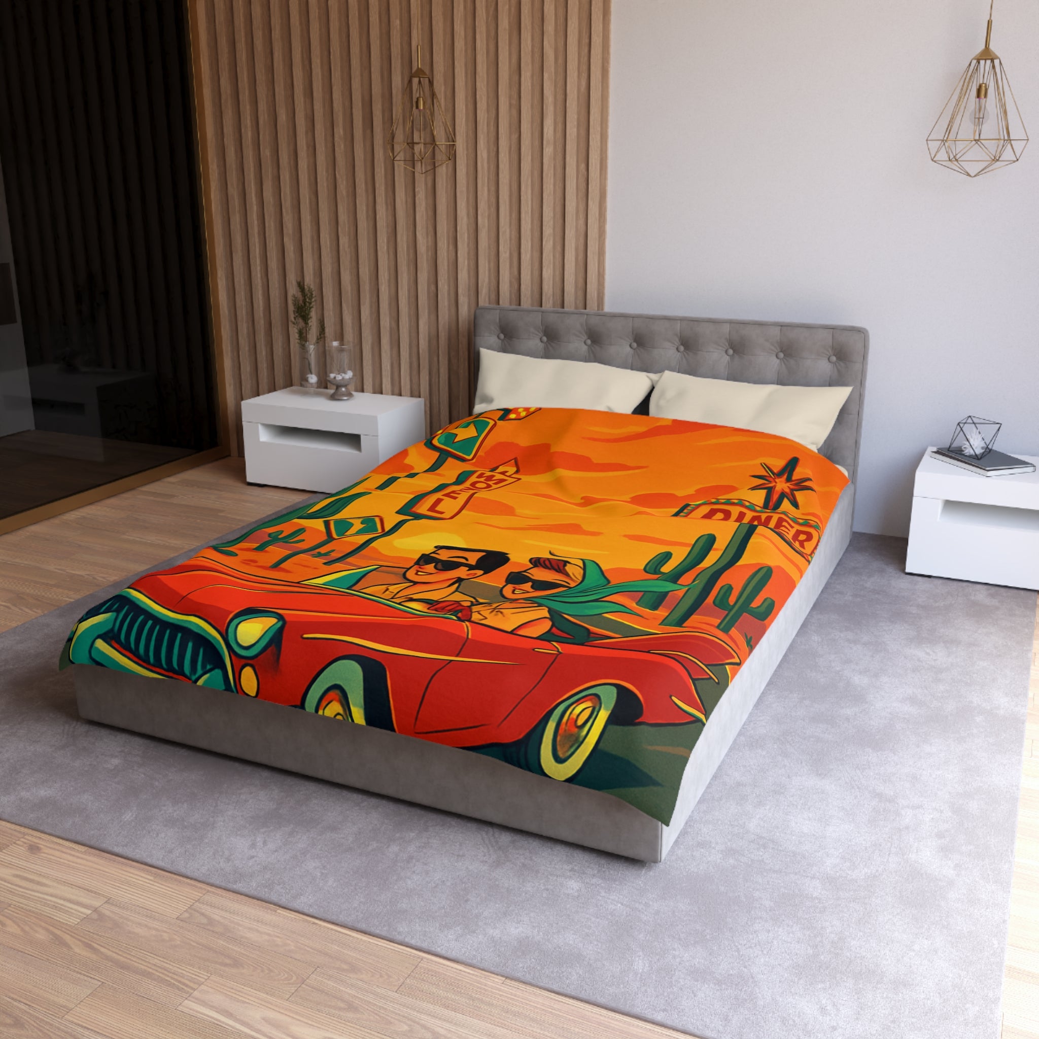 Housse de couette vintage rétro avec voiture rouge et paysages désertiques colorés