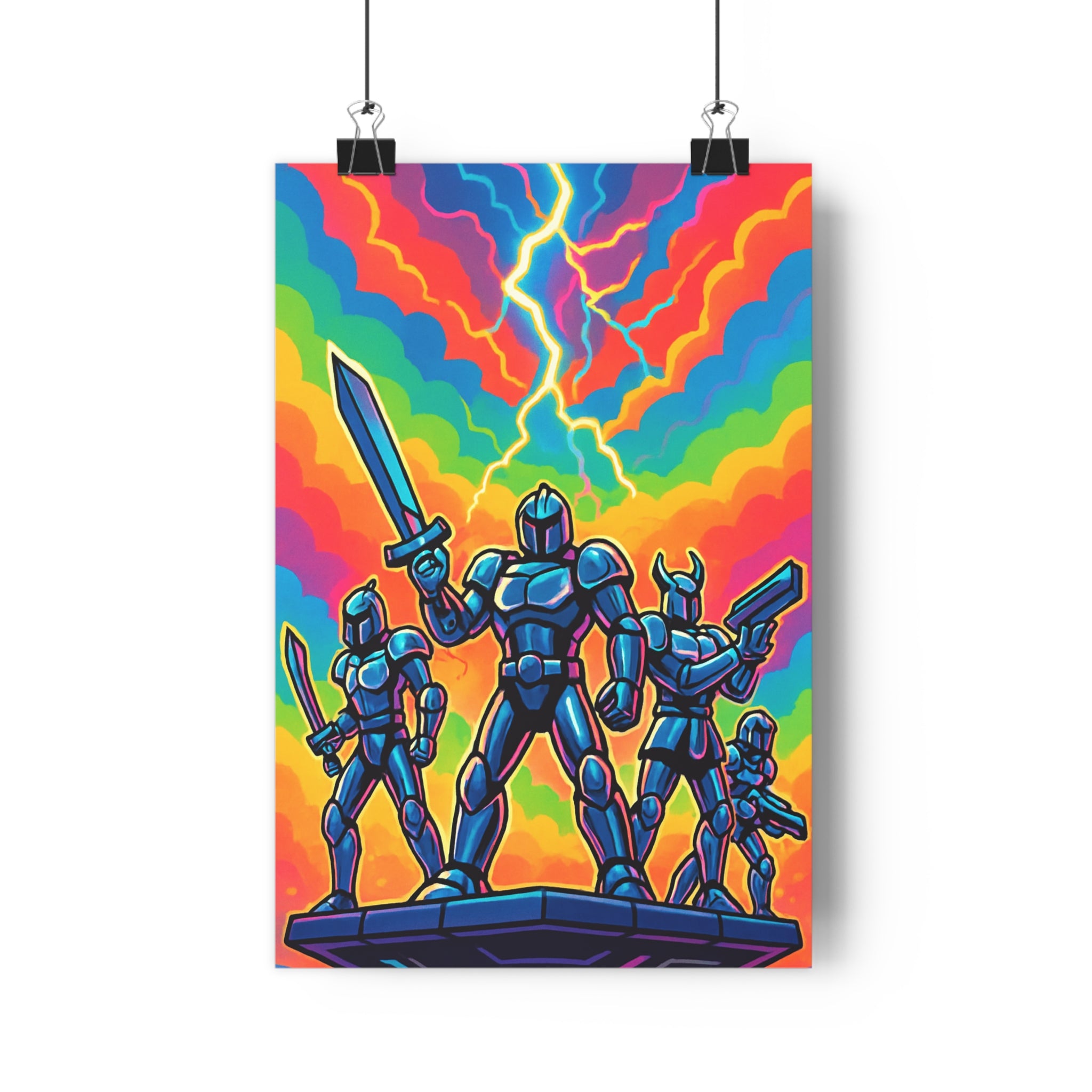 Poster décoratif cartoon guerriers futuriste coloré arcenciel énergique dramatique salon bureau action éclairs qualité