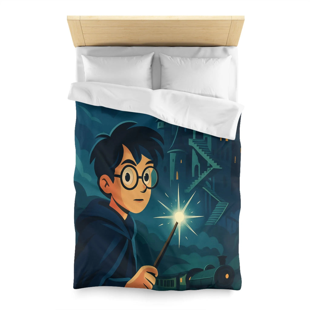 Housse de couette magique avec garçon, château mystérieux et train dans la nuit étoilée