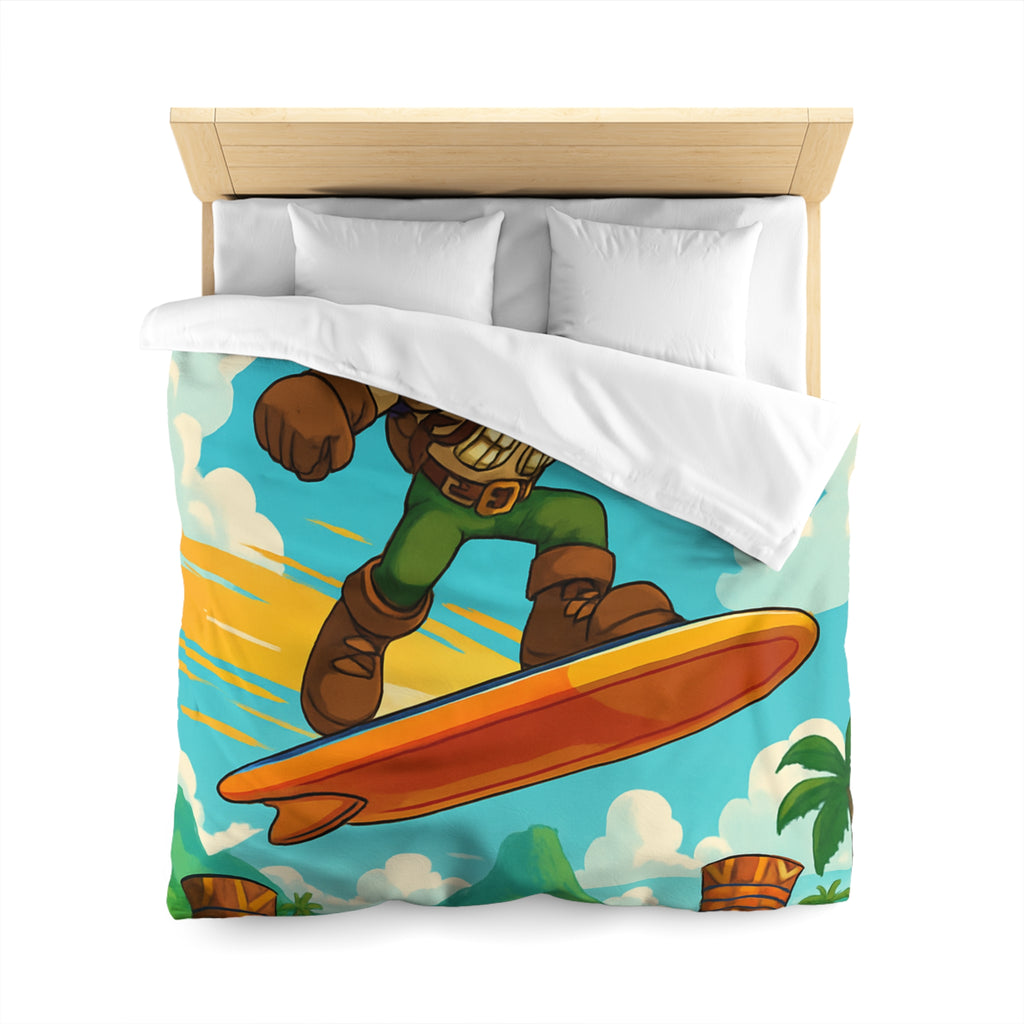 Housse de couette vibrante avec héros aventureux sur plage tropicale paradisiaque