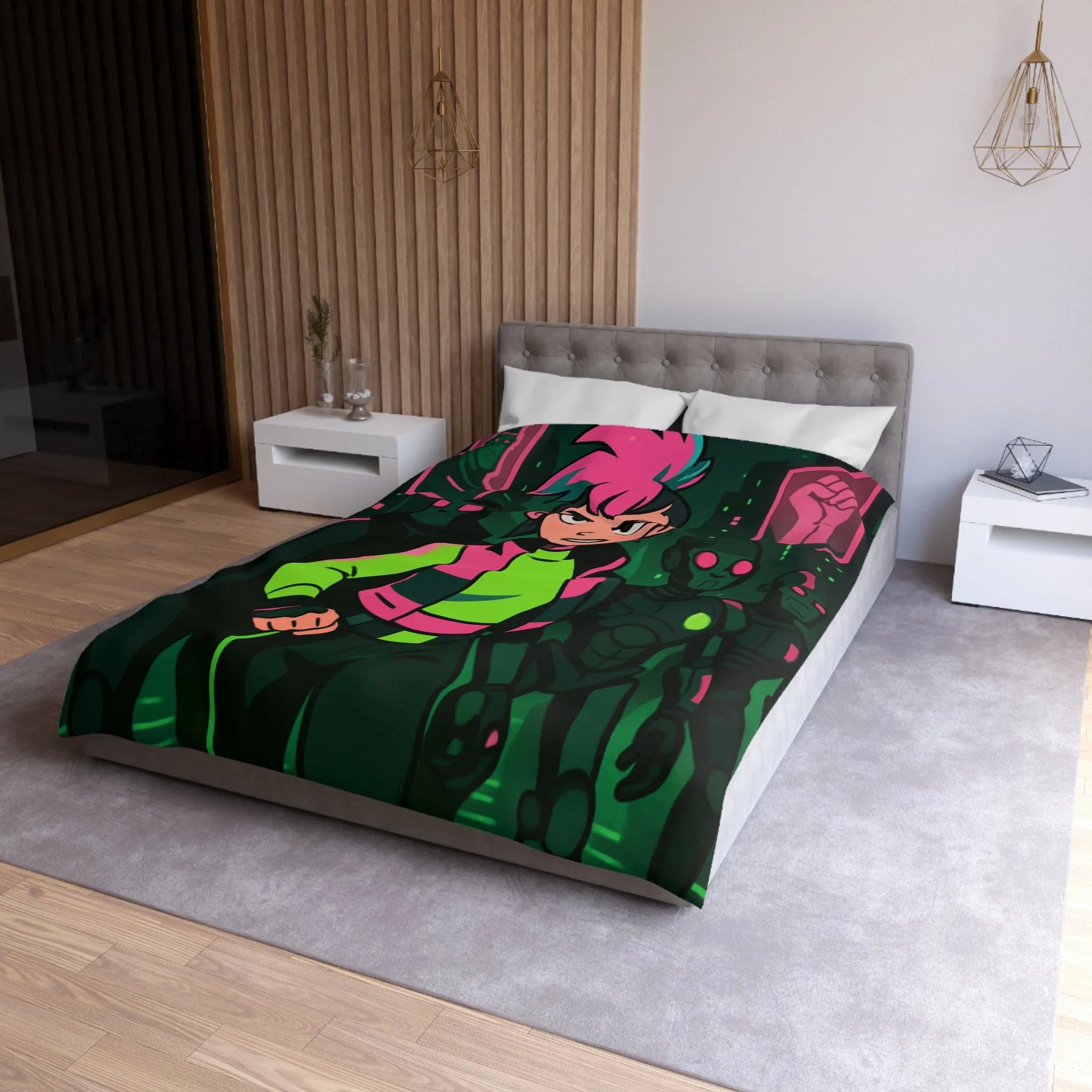 Housse de couette fluorescente cyberpunk avec motif de rébellion et paysage urbain futuriste