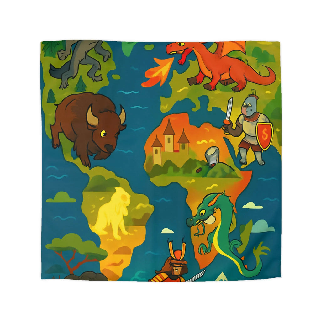 Housse de couette épique avec dragons, samouraïs et créatures légendaires au style coloré.