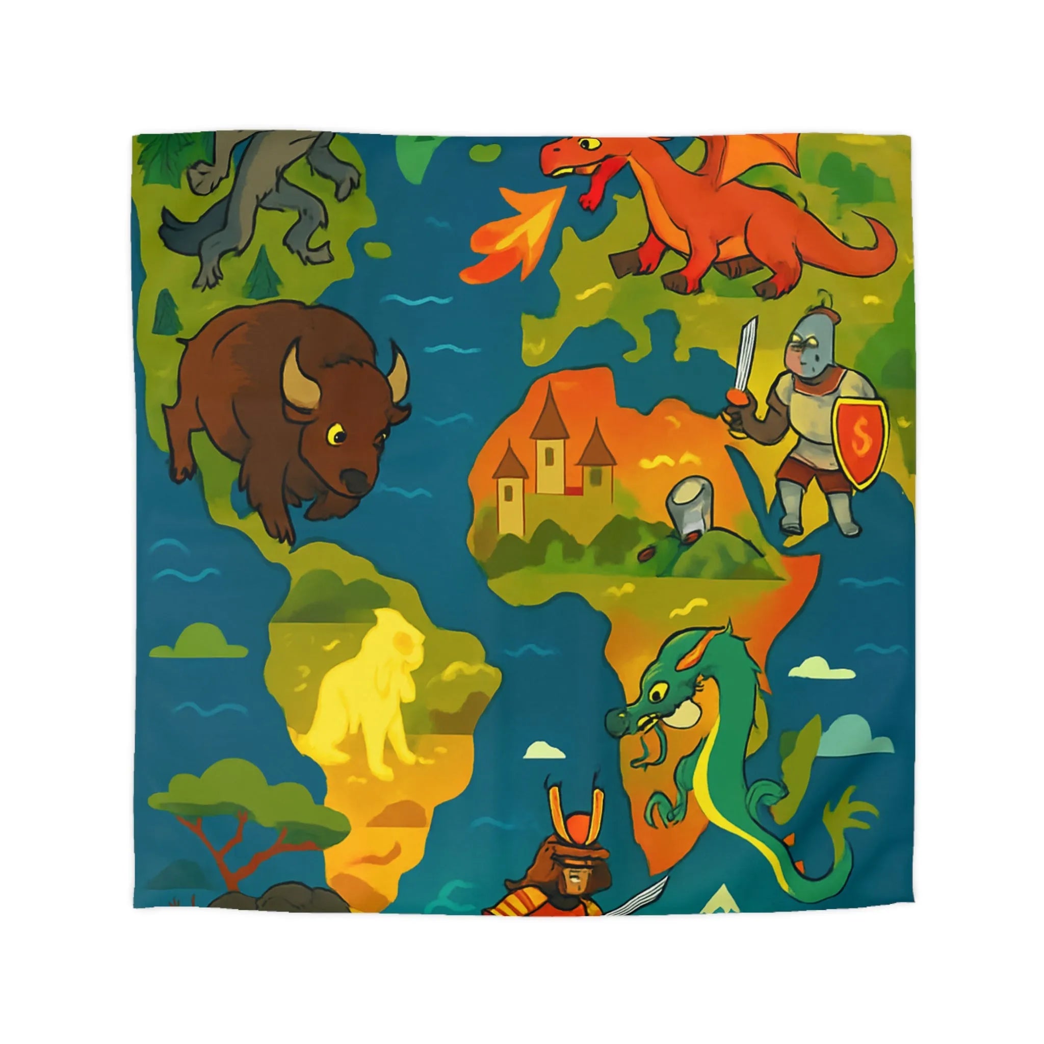 Housse de couette épique avec dragons, samouraïs et créatures légendaires au style coloré.